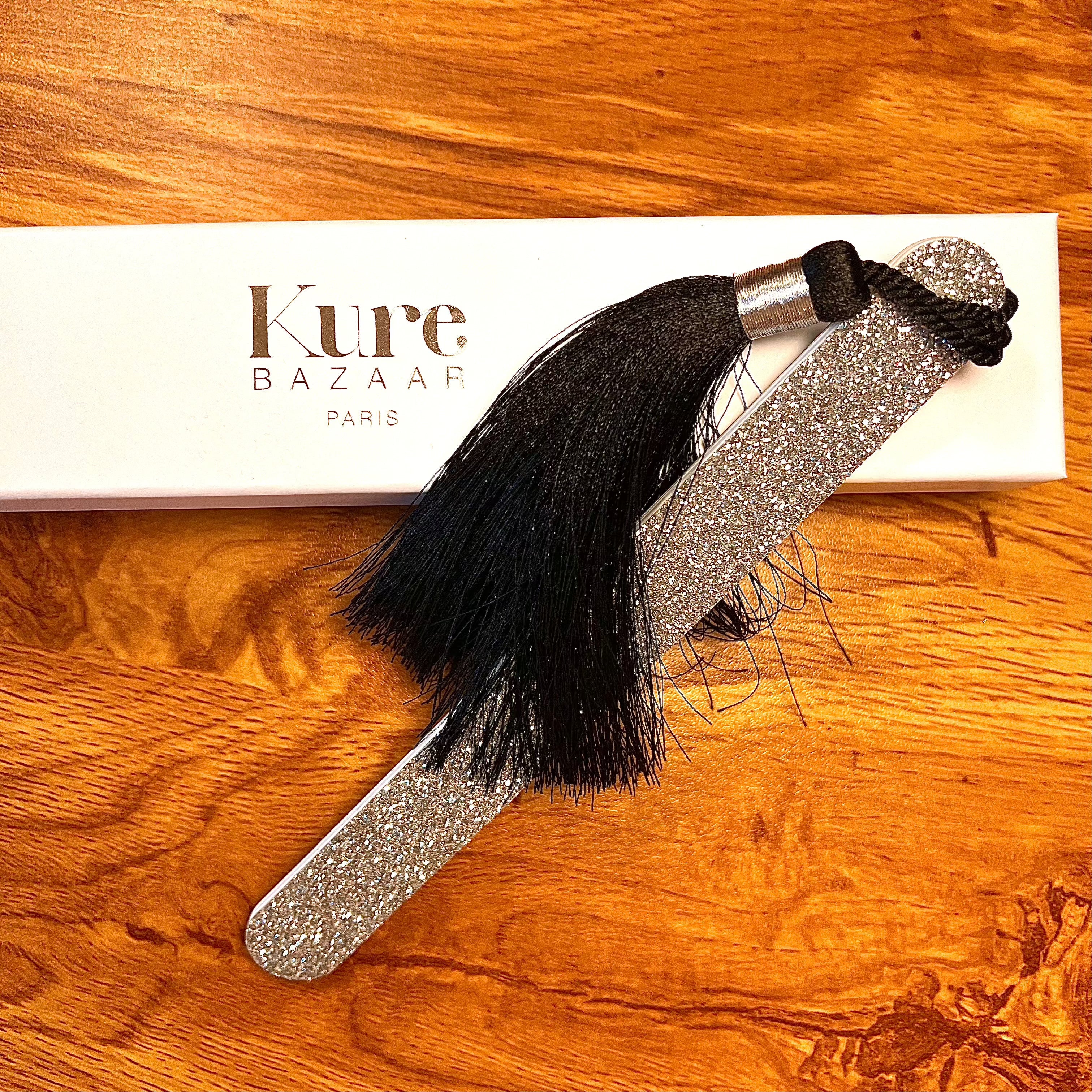 Glitter Nail File with Black Pom Pom - Silver Manicure Tool for At-Home Nail Care & Salon Use