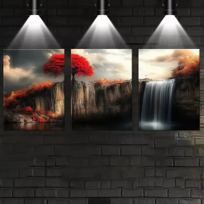 3-Piece Red Tree On The Cliff with Waterfall Canvas Wall Art Set - Framed 50x70cm (19.7x27.6in) High Quality Print | 100% Australian Made | Ready to Hang | Perfect for Living Room, Bedroom & Office Decor
