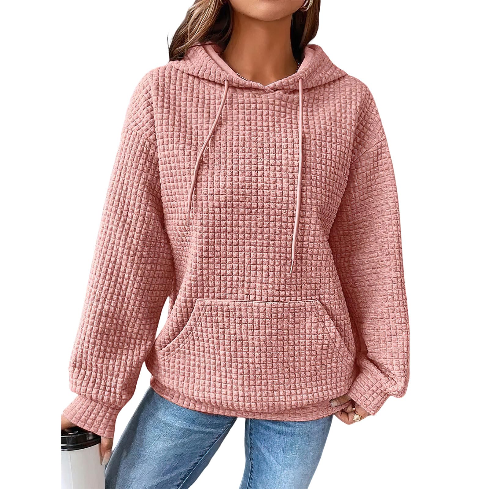 Women's Oversized Hoodie - Soft Waffle Knit Long Sleeve Pullover Sweatshirt with Kangaroo Pocket | Casual Loungewear, Streetwear Fashion (Pink)