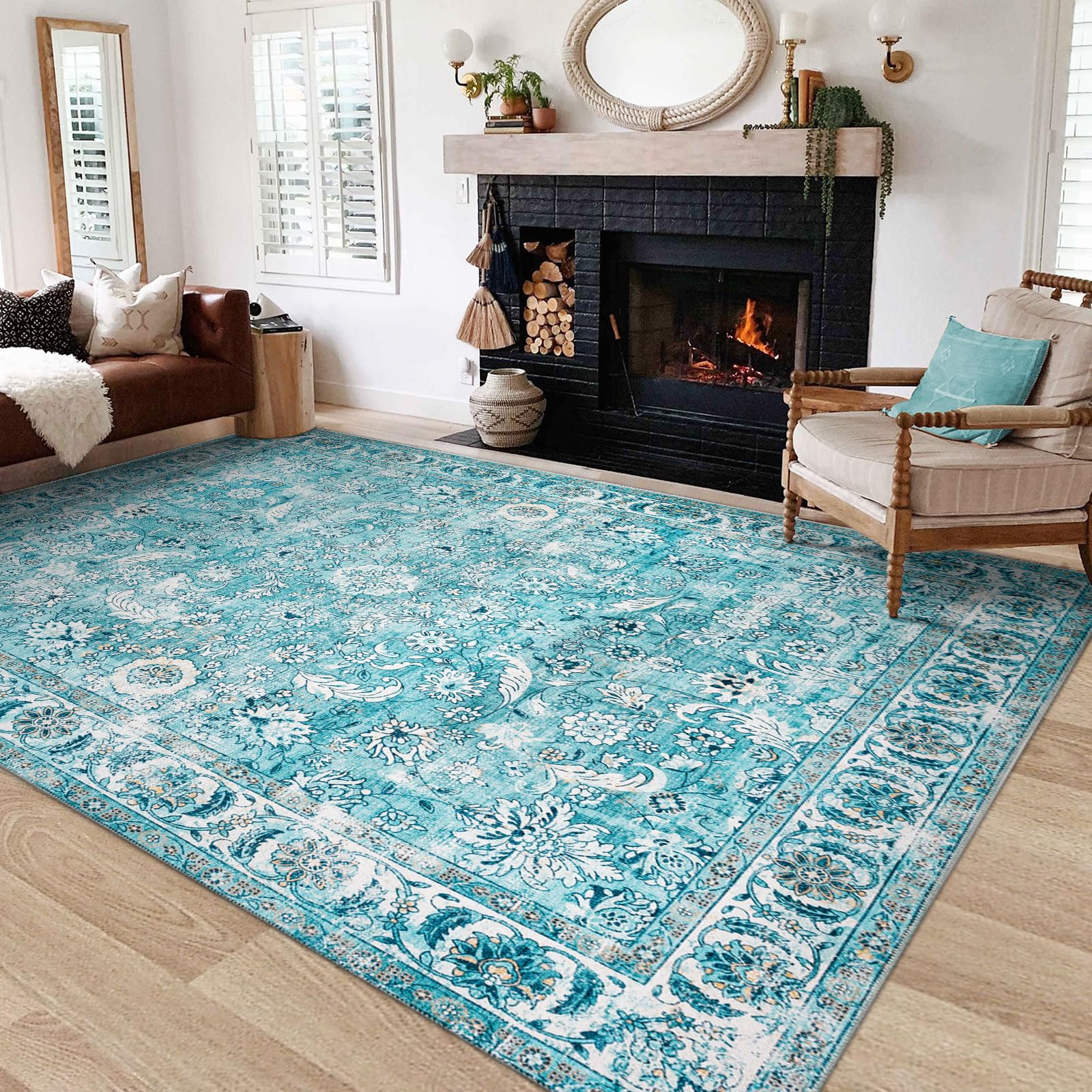 5'×7' Doria Boho Washable Area Rug - Non-Slip Vintage Floral Oriental Carpet with Low Pile & Non-Shedding | Turquoise Blue Traditional Rug for Living Room, Bedroom, Dining & Office | Perfect for Bohemian Decor, Cozy Home Makeover & Modern Interior Design