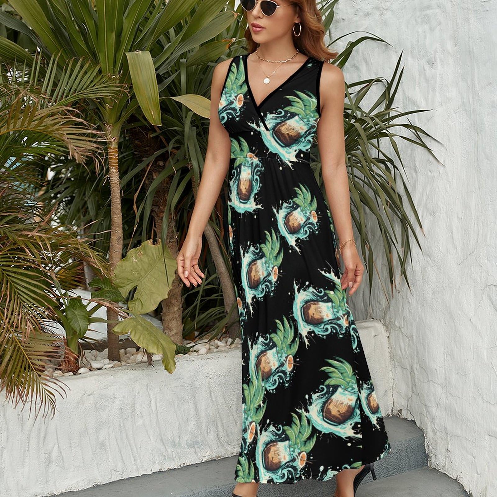 Women's Casual Sleeveless Loose Fit Palm & Coconut Print Maxi Sundress - Perfect for Beach Vacations, Summer Outings, and Tropical Getaways