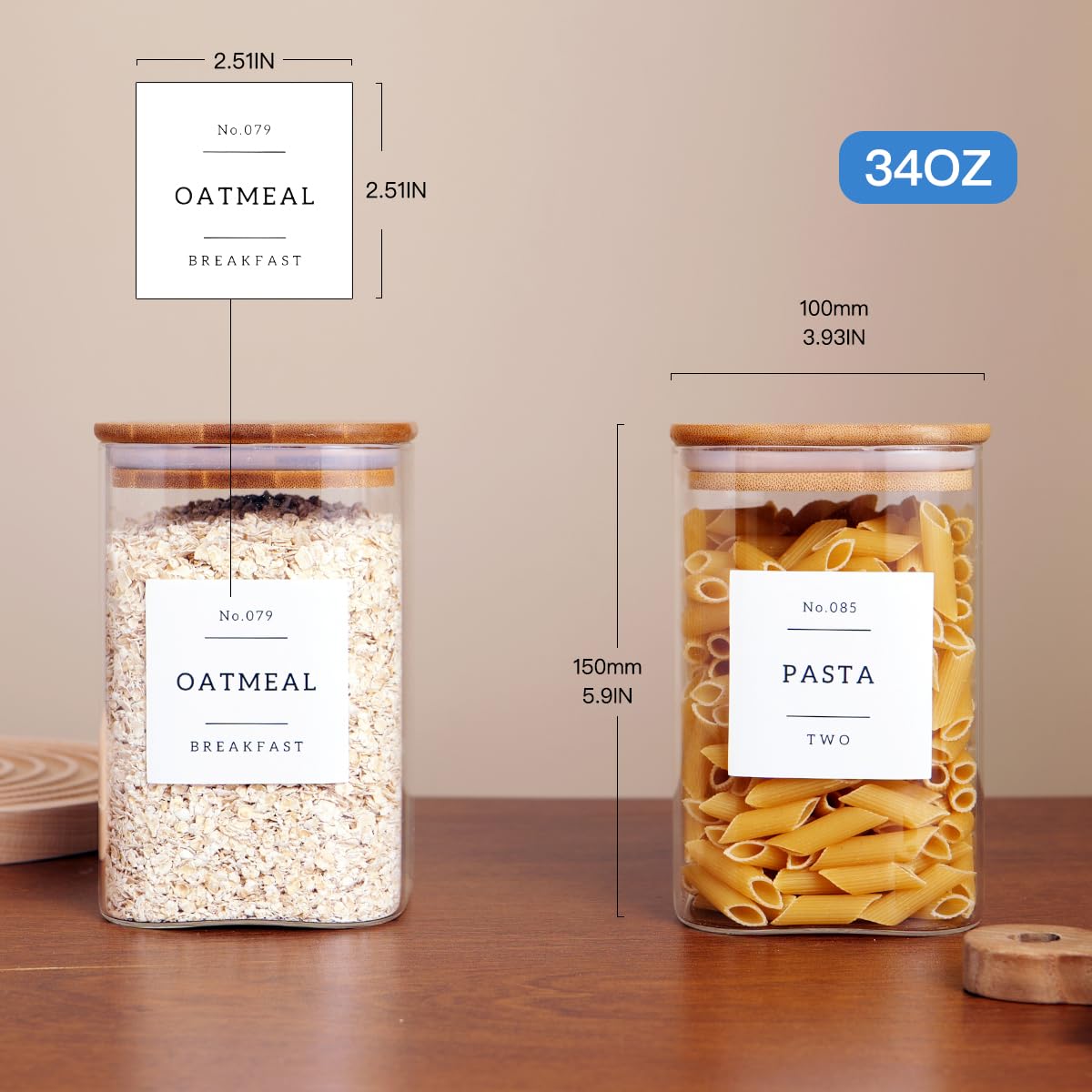 6-Pack 35oz Square Glass Food Storage Jars with Airtight Bamboo Lids & 132 Pantry Labels - Kitchen Canisters for Coffee, Tea, Spices, Cookies - Perfect for Pantry Organization & Home Decor