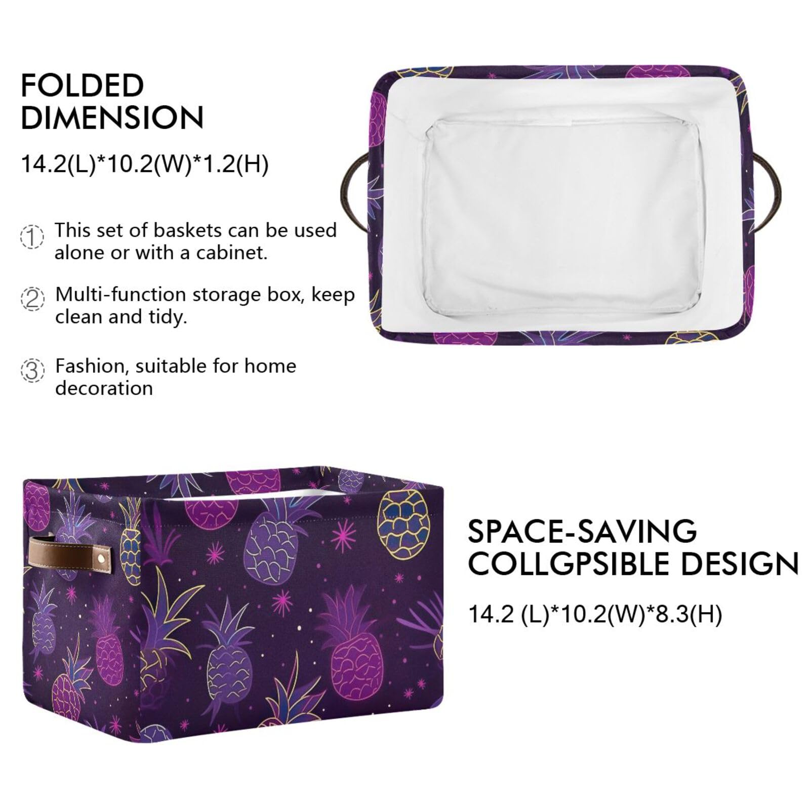 Foldable Canvas Storage Baskets with Handles - 2 Pack Rectangle Pineapple Design Fabric Organizer for Clothes, Home & Office Organization - Perfect for Closet Shelves, Bedroom Decor and Seasonal Storage