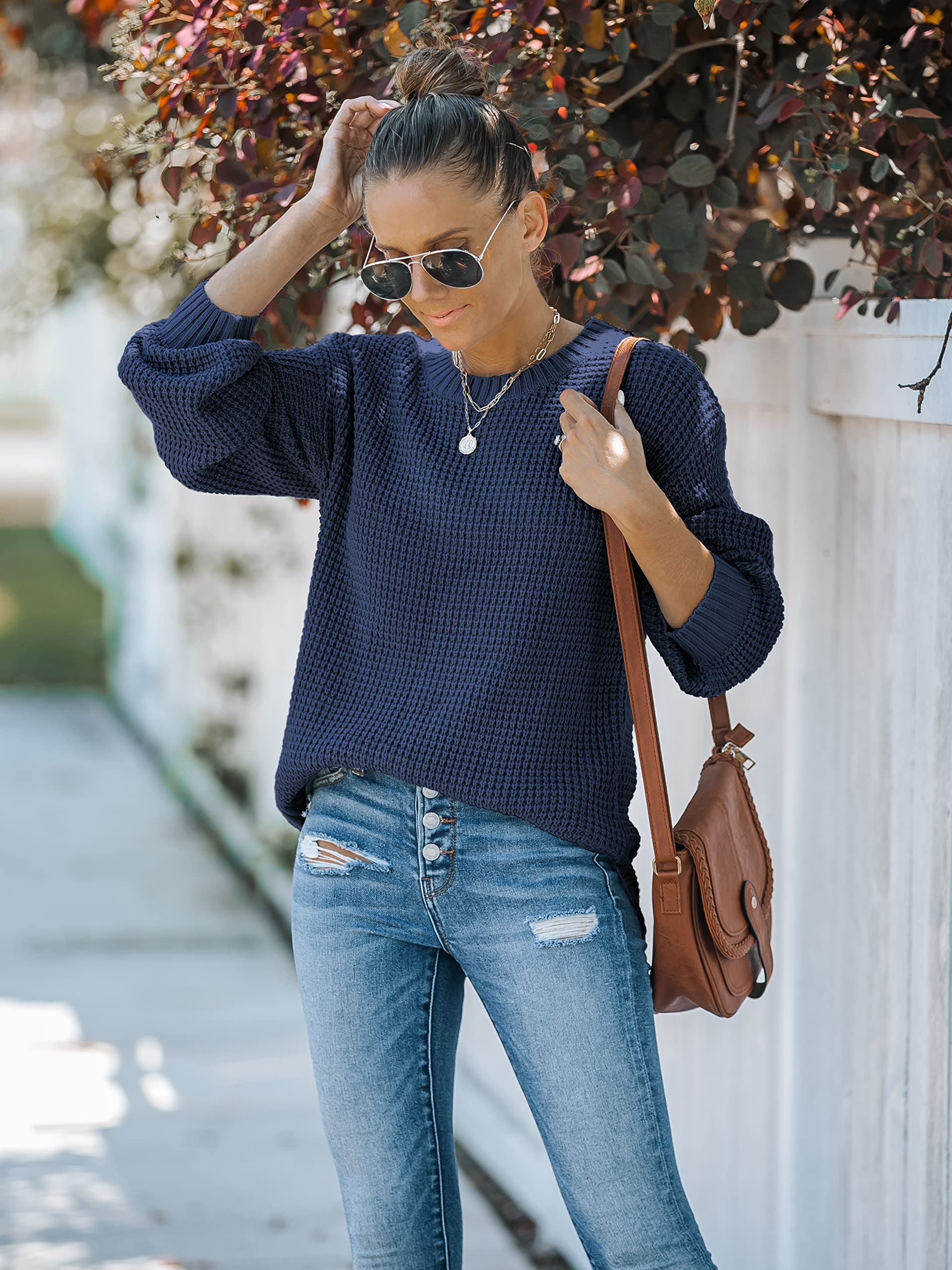 MEROKEETY Women's 2024 Fall Waffle Knit Sweater - Long Balloon Sleeve Loose Pullover Jumper - Cozy Casual Knitwear for Autumn, Perfect for Office, Dates & Weekend Outings
