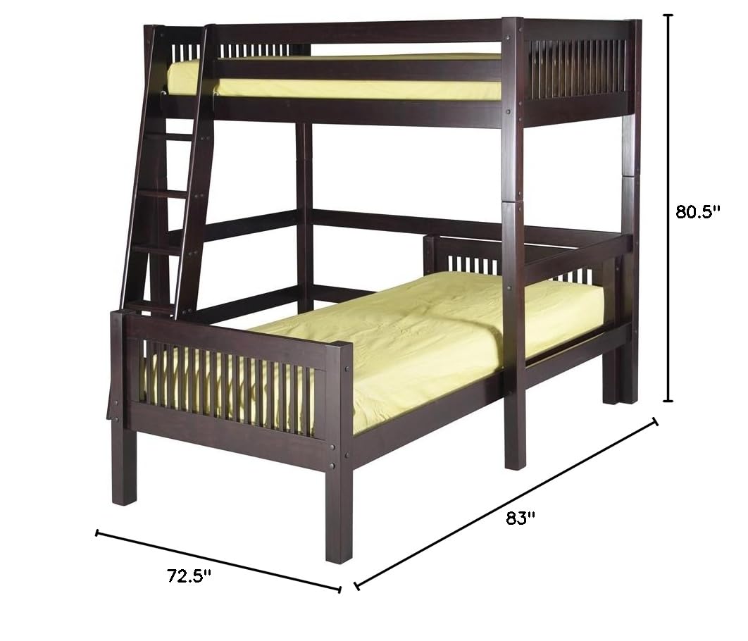 Camaflexi Mission Style Solid Wood L-Shaped Loft Bed - Twin Over Twin Bunk Bed with Side Angled Ladder in Cappuccino Finish - Space Saving Kids Bedroom Furniture for Small Rooms & Dorm Living