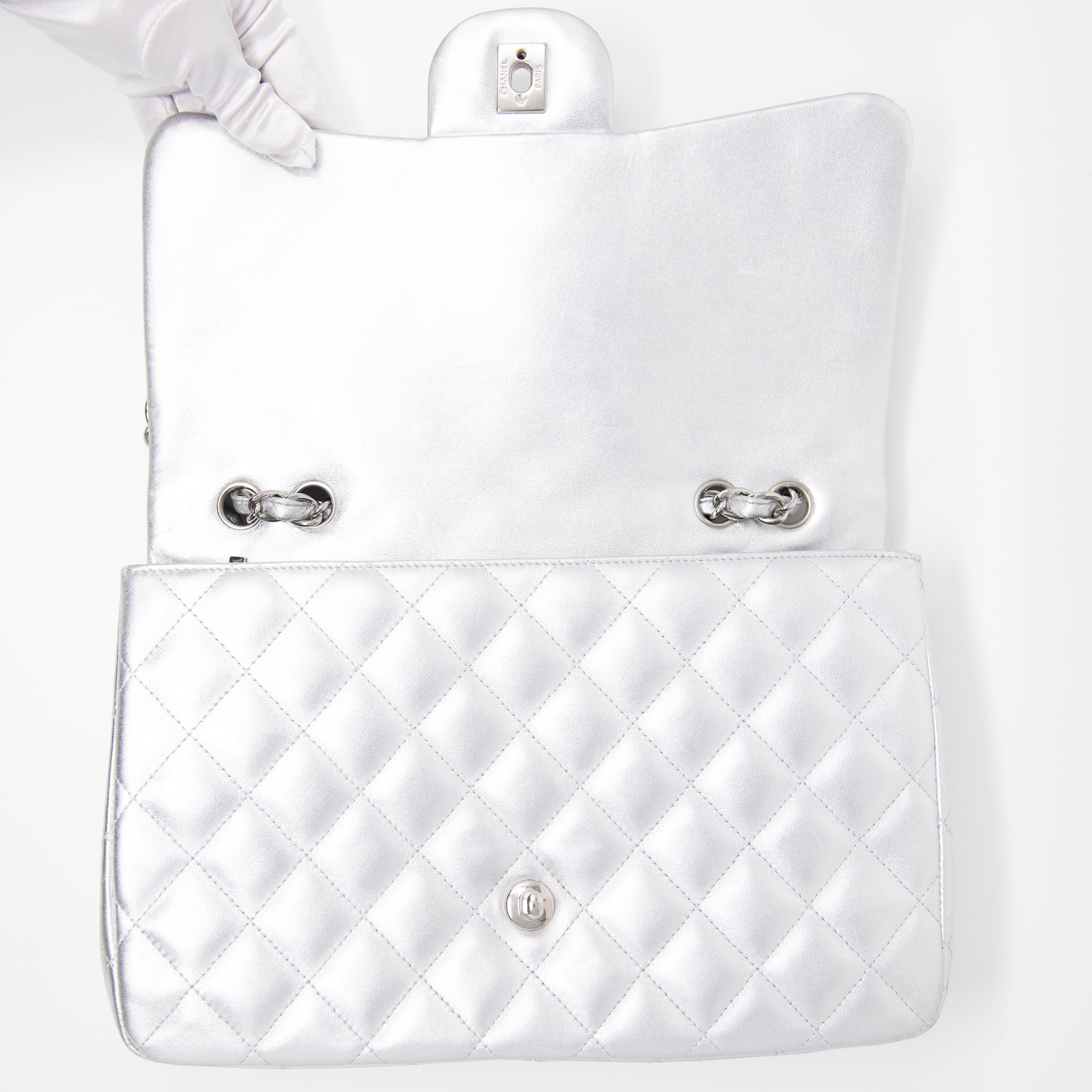 Chanel Metallic Silver Jumbo Flap Bag - Luxury Designer Handbag for Women | Perfect for Evening Parties, Date Nights & Special Occasions