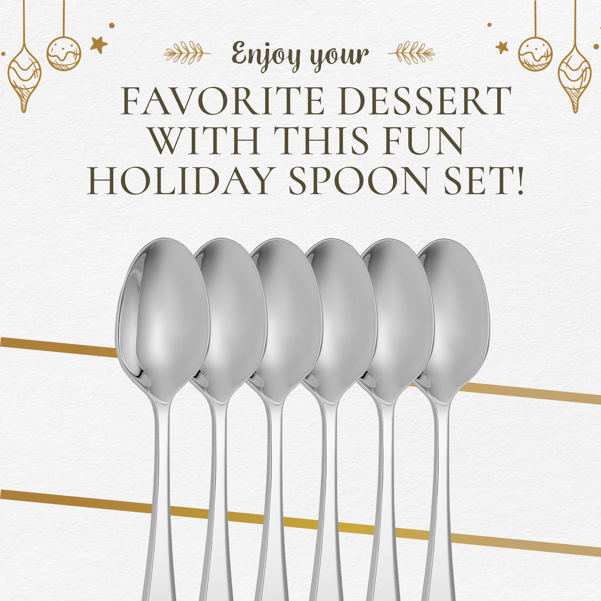 Spode Christmas Tree Cocktail Spoons - 6-Piece Festive Flatware Set - 18/10 Stainless Steel Dessert Spoons for Holiday Parties, Perfect for Custards, Puddings, Cakes & Christmas Treats - Dishwasher Safe - Ideal for Holiday Entertaining & Gift Giving