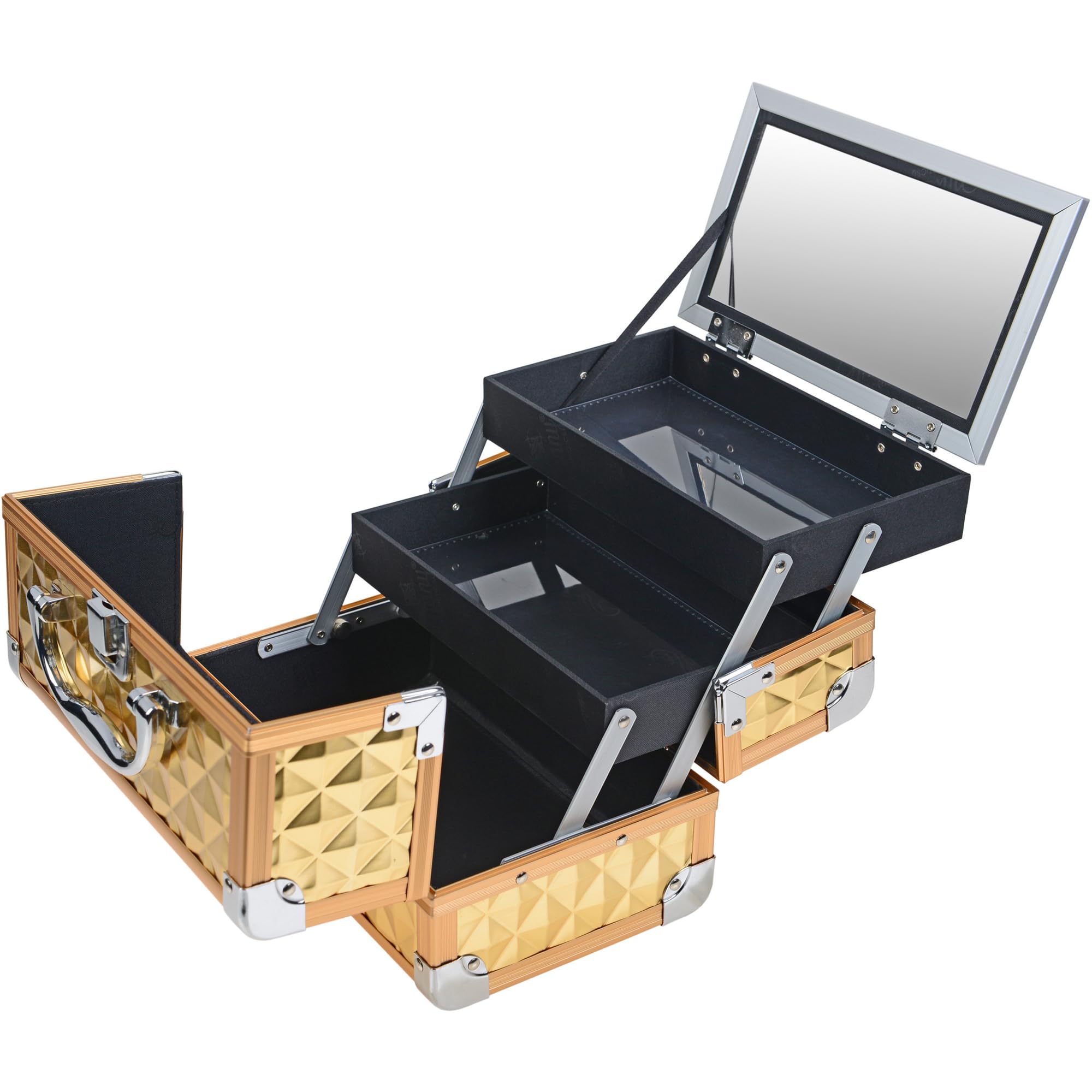 SHANY Professional Makeup Train Case - Portable Cosmetic Organizer with Lock, Multi-Trays & Mirror - Jewelry & Beauty Storage Box - Golden House - Perfect for Travel, Salon & Home Use