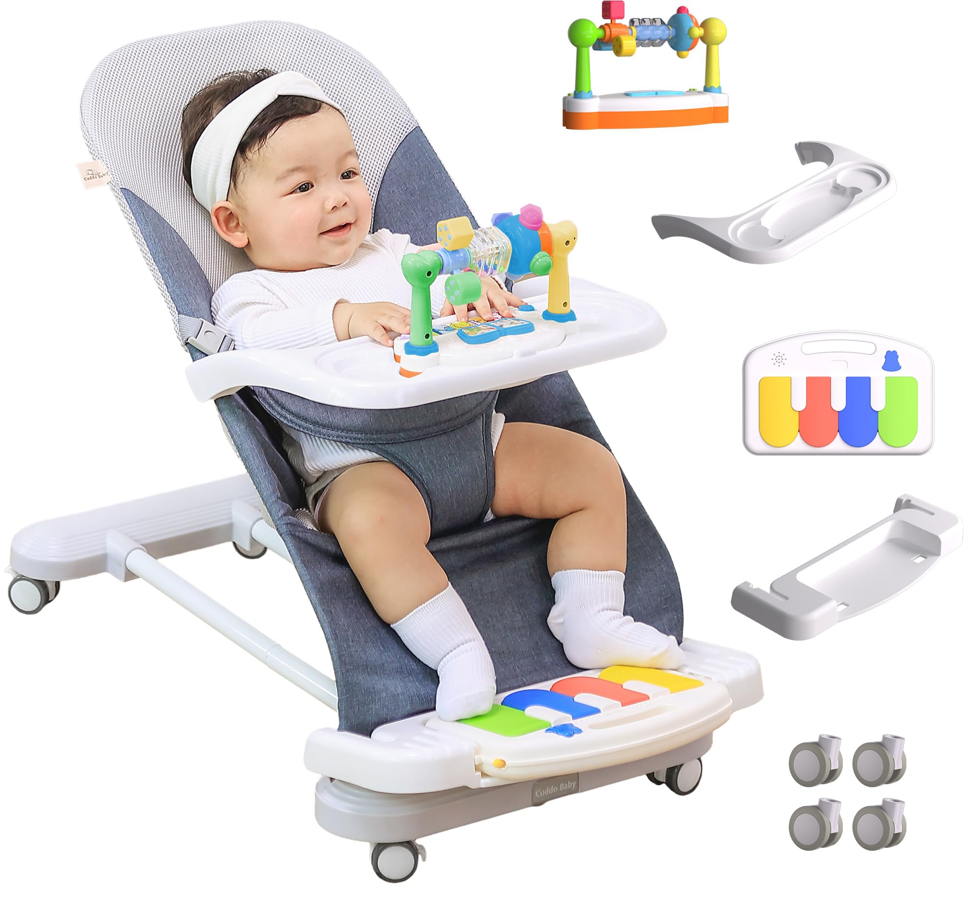 CuddoBaby 4-in-1 Baby Bouncer with Wheels - Detachable Piano, Feeding Tray & Play Bar - Thick Base & 3-Level Recline - Portable Infant Seat for Newborn to Toddler (0-24 Months, Up to 29Lbs) - Blue - Perfect for Playtime, Feeding & Napping at Home or Travel