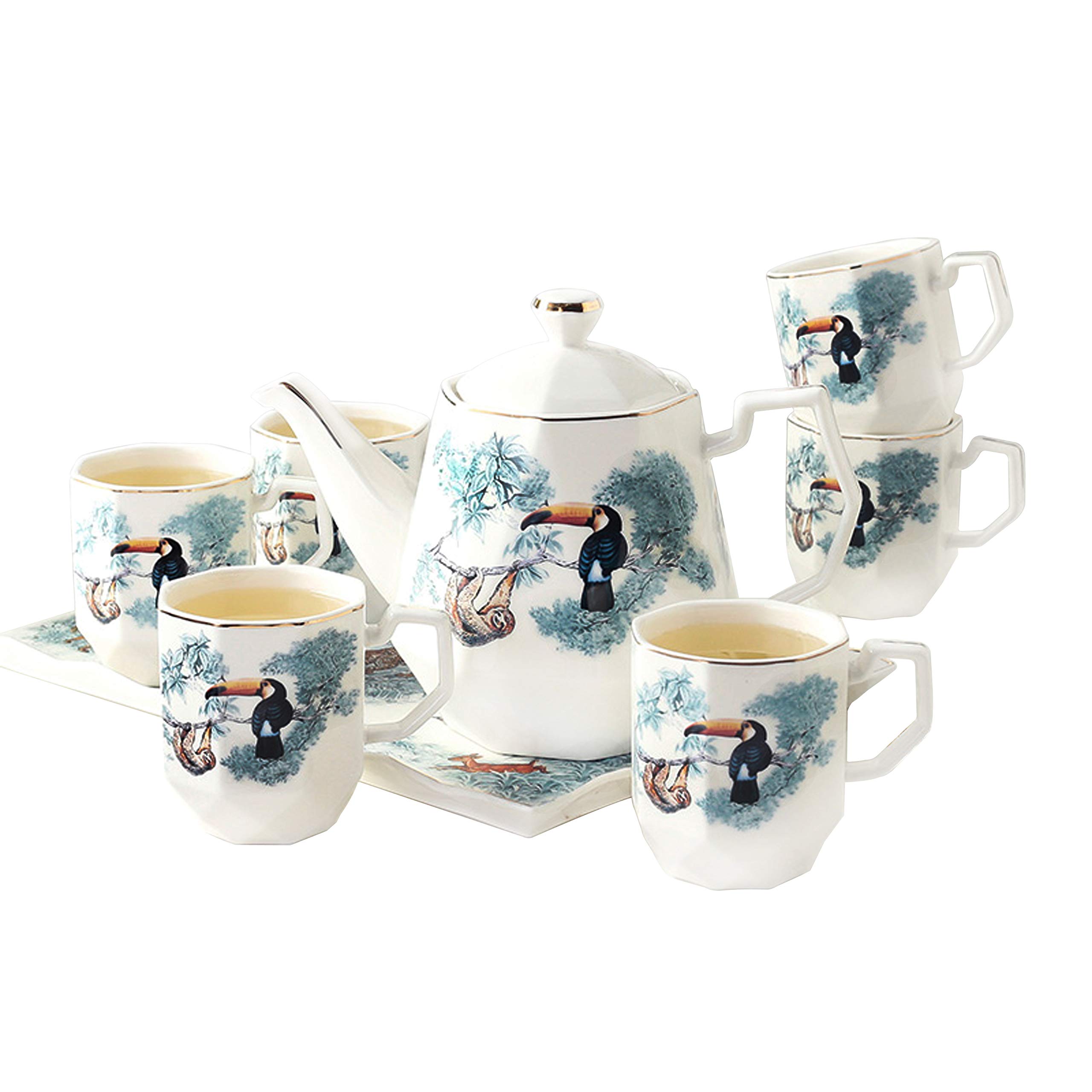 Havitar 12-Piece Tea Cups and Saucers Set - Porcelain Espresso Coffee Cups with Gold Trim - Royal Albert Style European Luxury Tea Set for Afternoon Tea - Perfect for Home, Cafe, and Gift Giving (WOODPECKER)
