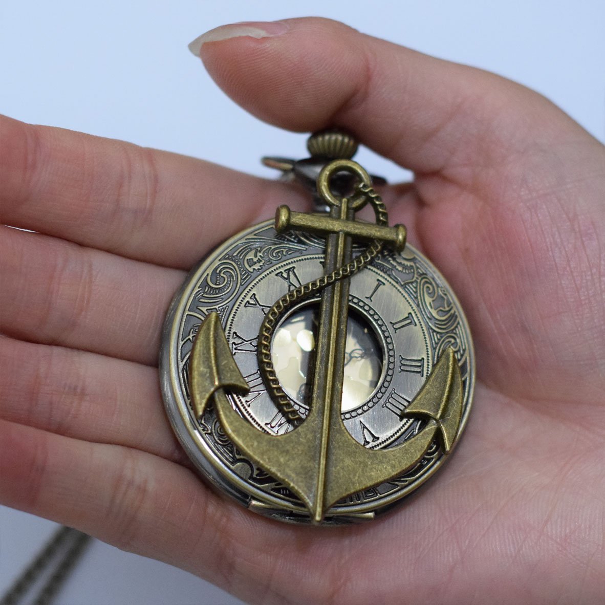 Vintage Roman Anchor Charm Pocket Watch Necklace for Men - Retro Round Pendant with Chain - Perfect for Gifts, Weddings, and Formal Occasions