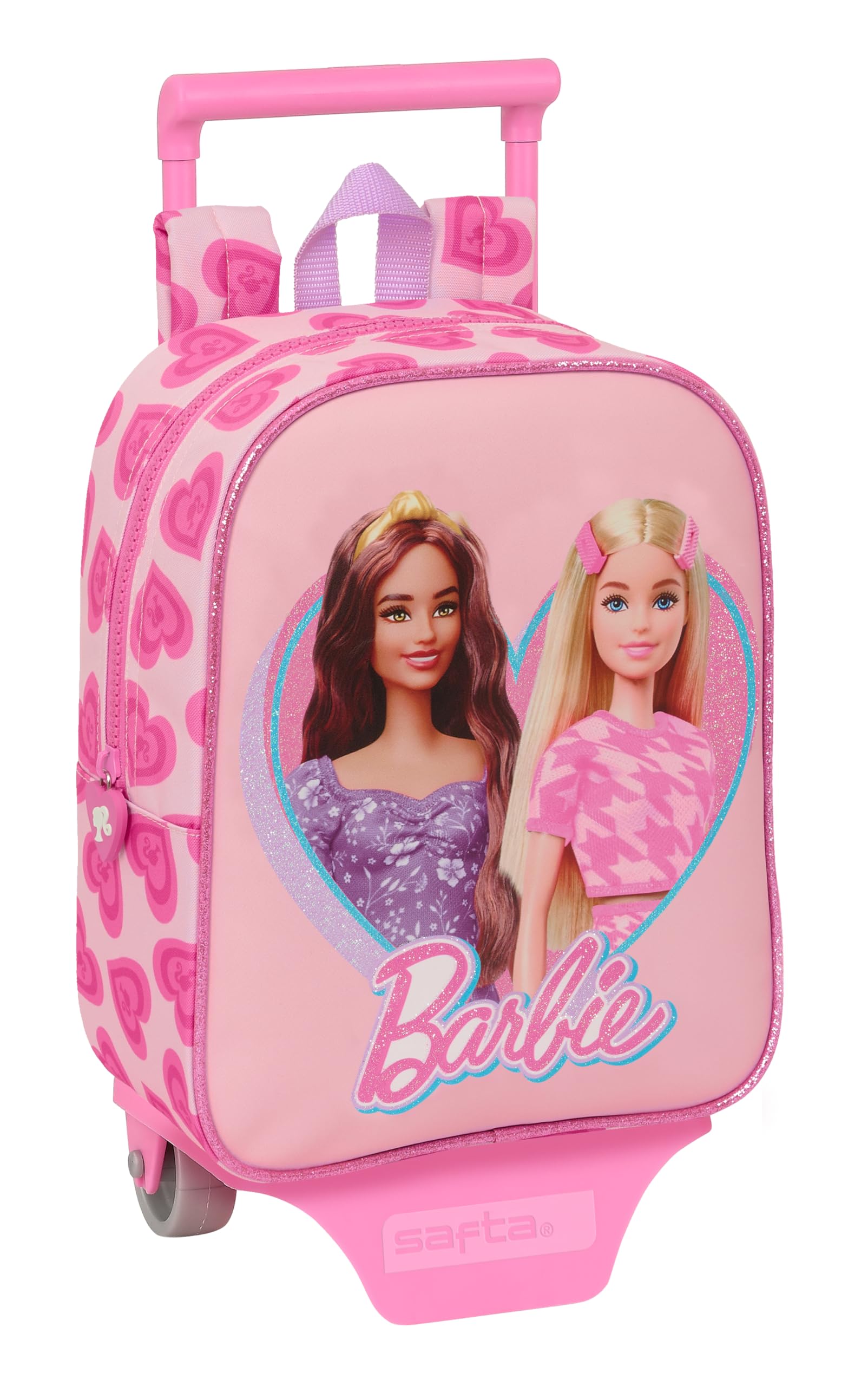 Safta Mini Rolling Backpack for Kids - Pink Barbie Themed School Bag with Wheels, Perfect for School, Travel & Daily Use