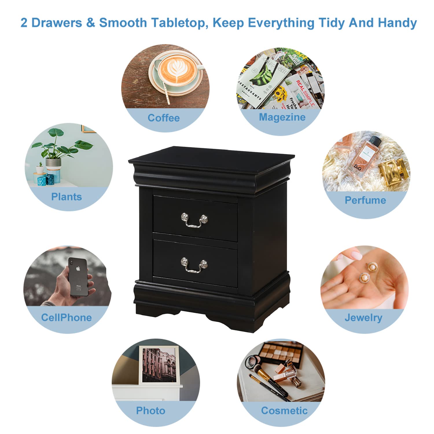 Henf Nightstand with 2 Drawers - Traditional Rectangular Bedside Table with Metal Ring Handles, Solid Wood Nightstand for Bedroom Furniture (Black) - Perfect for Small Spaces, Apartment Living & Guest Rooms