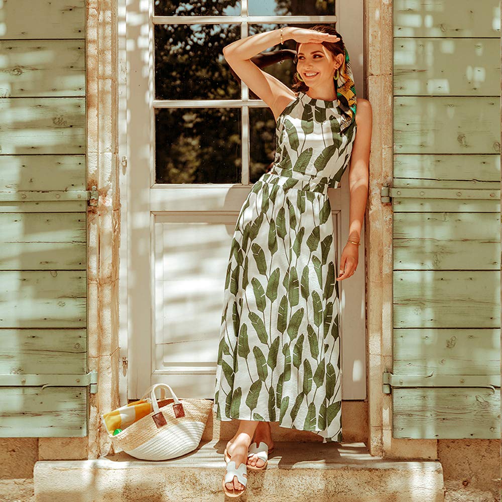 Chicwish Women's Summer Floral Print Halter Neck Sleeveless Maxi Dress - Palm Green Leaf & Pink Floral Design for Beach Party, Vacation & Special Occasions