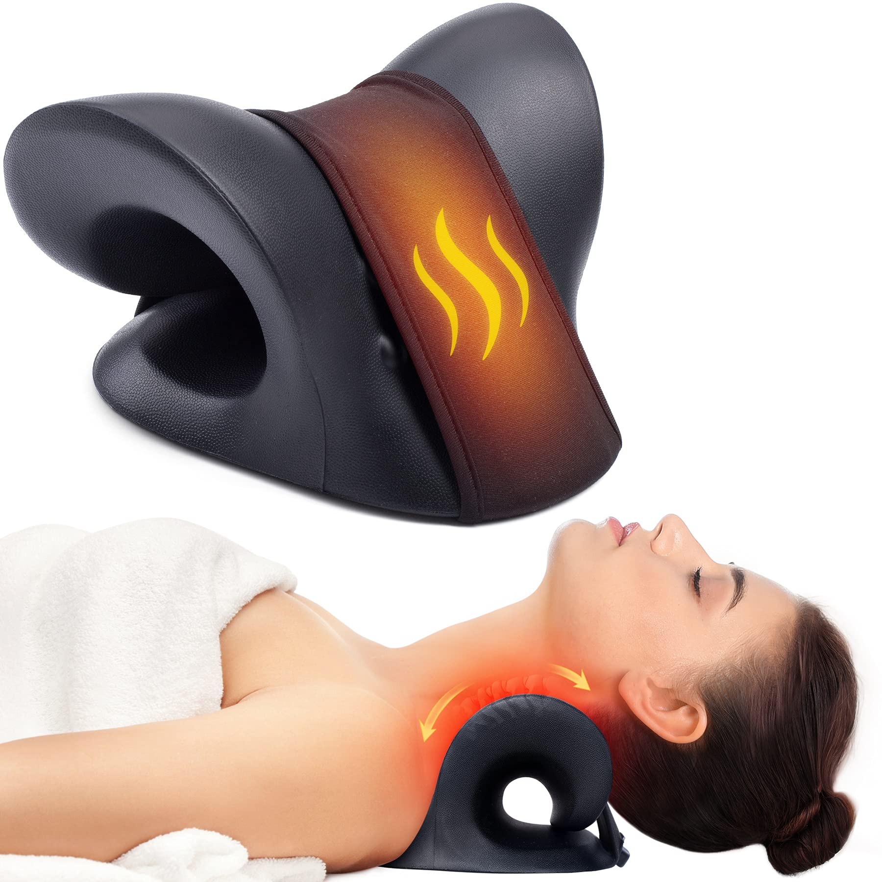 Heated Neck Stretcher & Cervical Traction Pillow - Pain Relief for Neck & Shoulders - Orthopedic Support for Sleeping, Office & Travel - Adjustable Heat Therapy for Muscle Relaxation