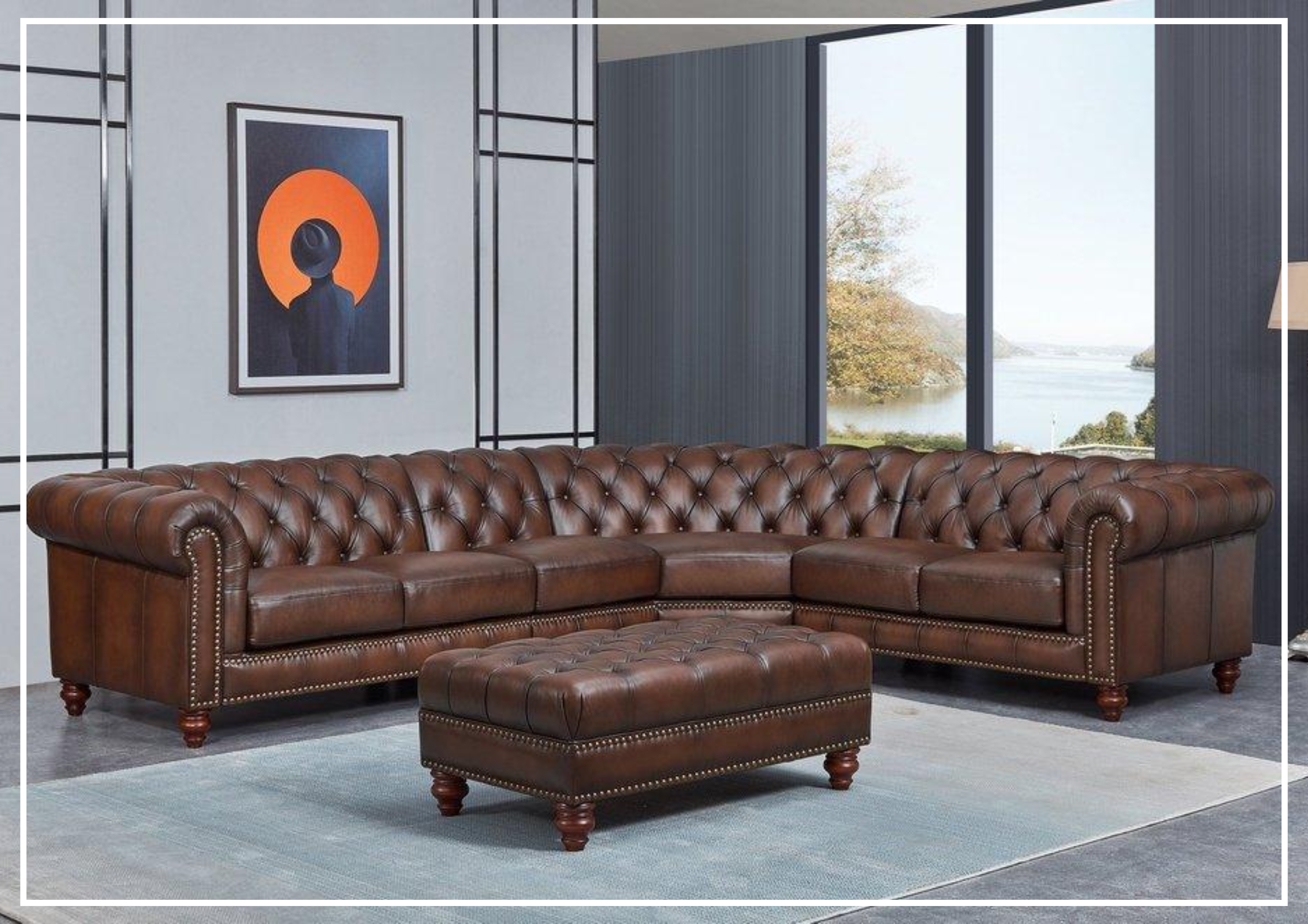 Premium Hydeline Alton Bay Leather Chesterfield L-Shaped Sectional Sofa with Nailhead Trim - Luxurious Living Room Furniture for Home Theater & Entertaining