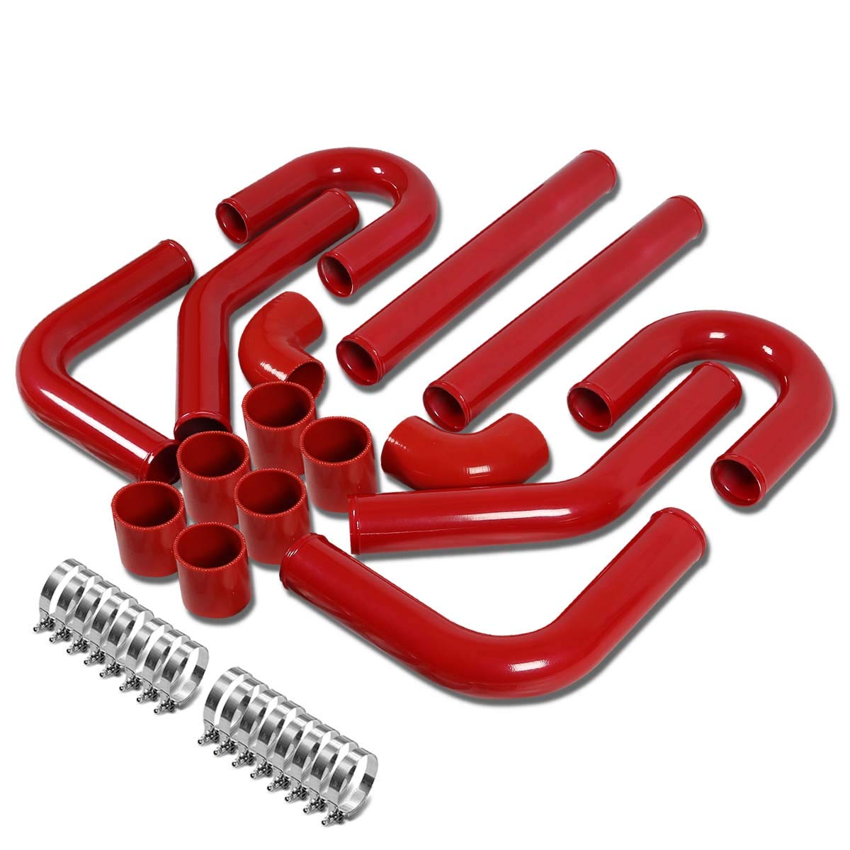 Universal 3-Inch Front Mount Turbo Intercooler Piping Kit with 8pcs Red Silicone Hoses & Clamps - Perfect for Performance Upgrades on Turbocharged Vehicles