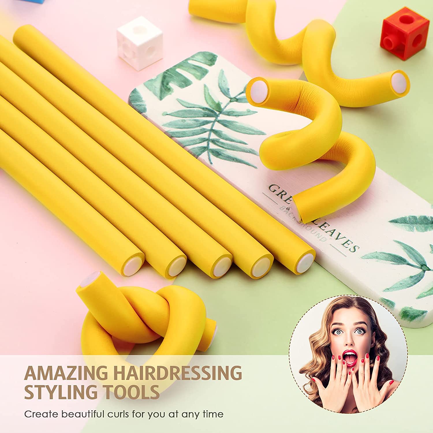 SIYAA 20-Piece Flexible Curling Rods Set - No Heat Soft Foam Hair Rollers & Twist Curlers with Steel Pintail Comb for Women & Girls (Yellow) - Perfect for Salon-Quality Curls at Home, Travel & Everyday Styling