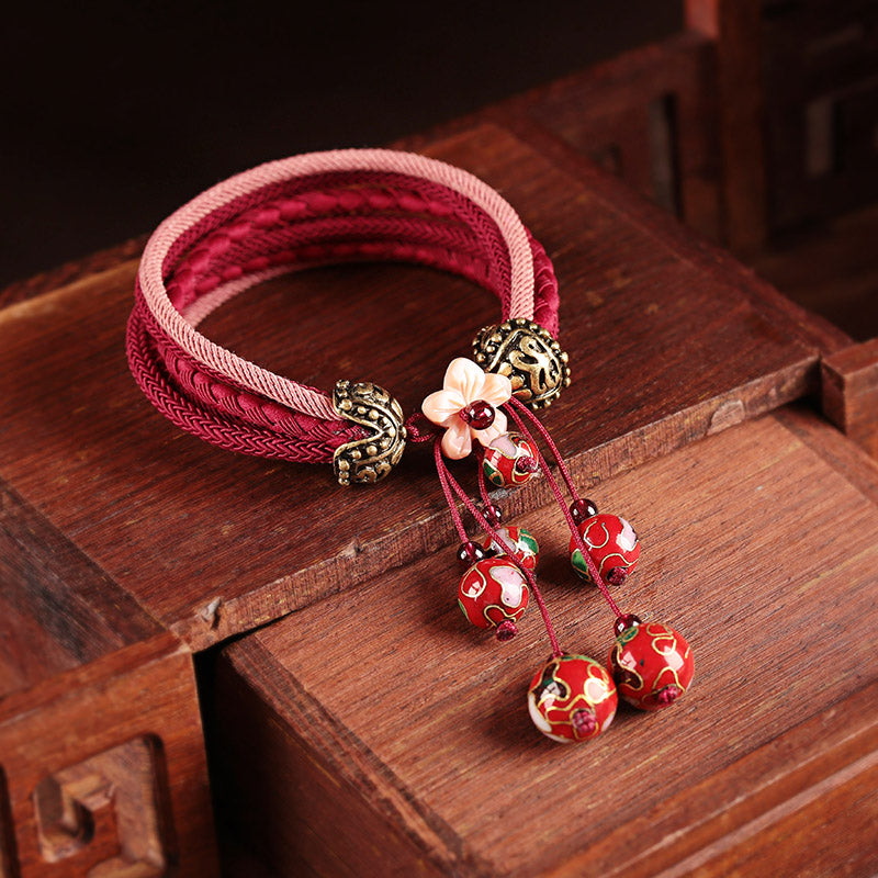 Handmade Red Cloisonné Bracelet - Traditional Chinese Enamel String Bracelet for Women - Perfect for Festivals, Weddings & Boho Fashion Accessories