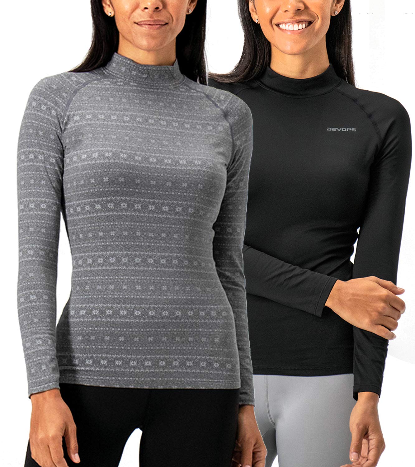 DEVOPS Women's 2 Pack Thermal Long Sleeve Shirts - Compression Baselayer Tops for Cold Weather, Yoga & Running - Moisture Wicking & Breathable Workout Shirts for Women