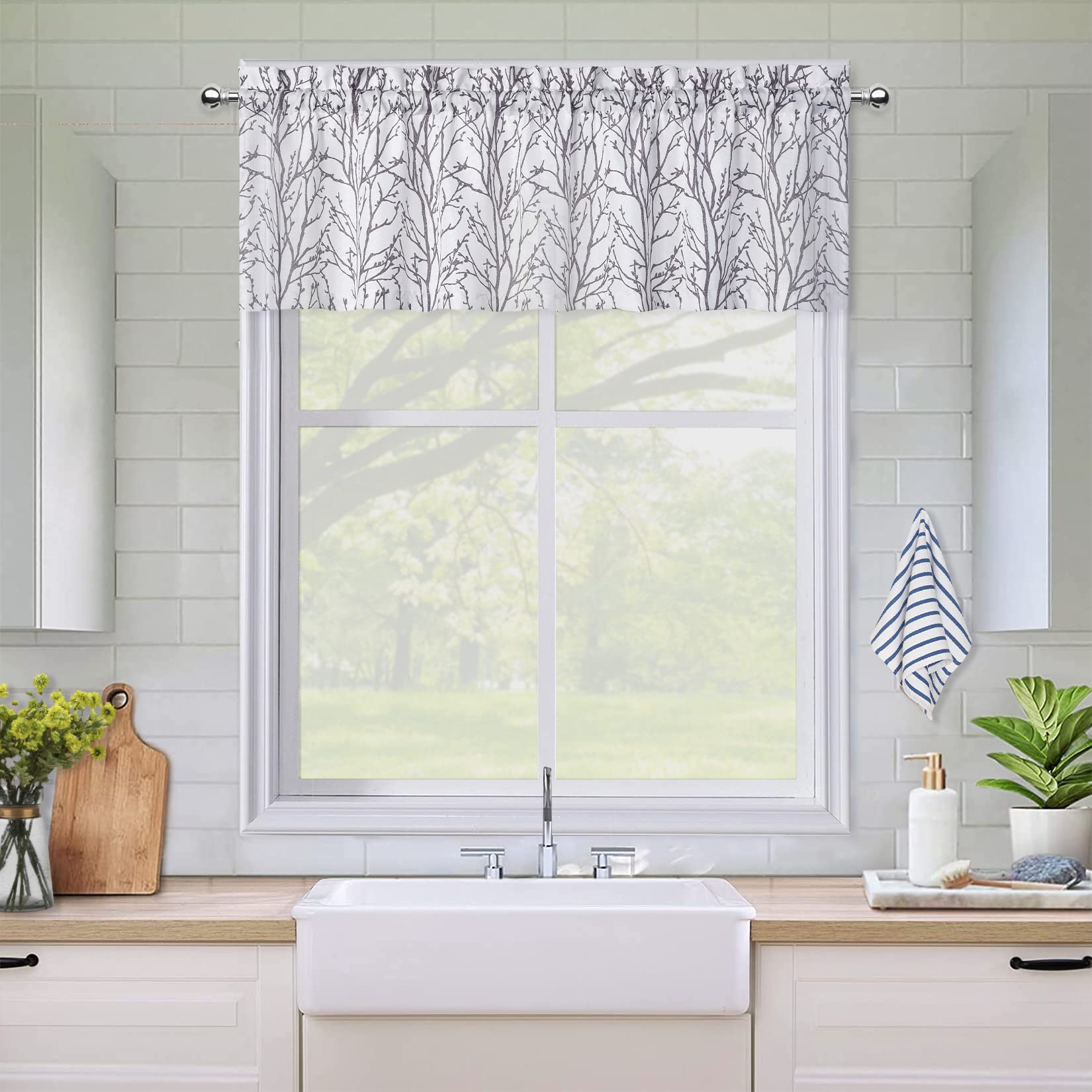 FairOnly Farmhouse Kitchen Curtain Valance - Tree Branch Print Window Treatment for Living Room & Cafe - 52x15 Inch, 1 Panel - Perfect for Rustic Decor, Farmhouse Style Kitchens & Cozy Coffee Shops