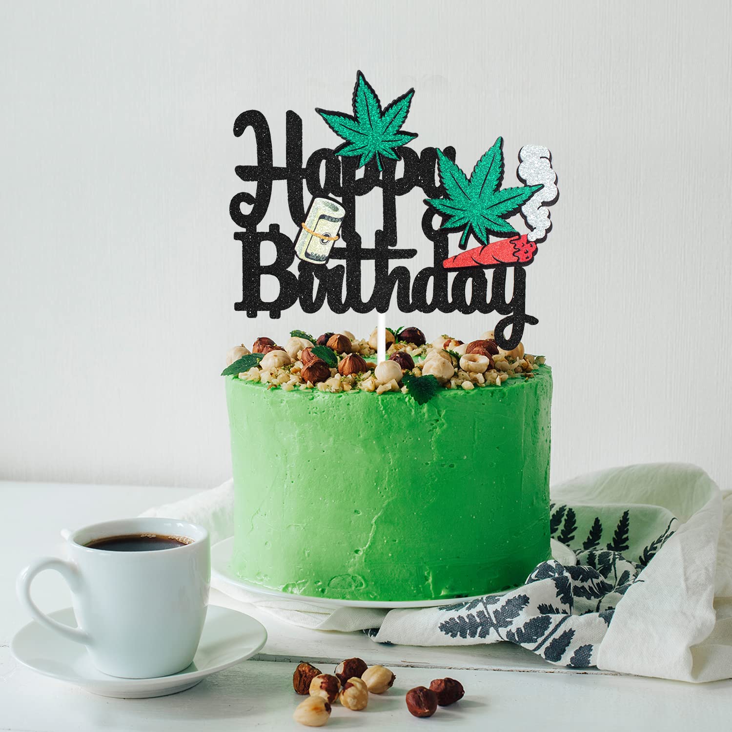 Money & Leaves Happy Birthday Cake Topper - Dollar Sign & Cannabis Leaf Party Decorations for Men - Birthday Cake Decor for Money-Themed Celebrations - Perfect for Stoner Parties & Financial Milestone Events