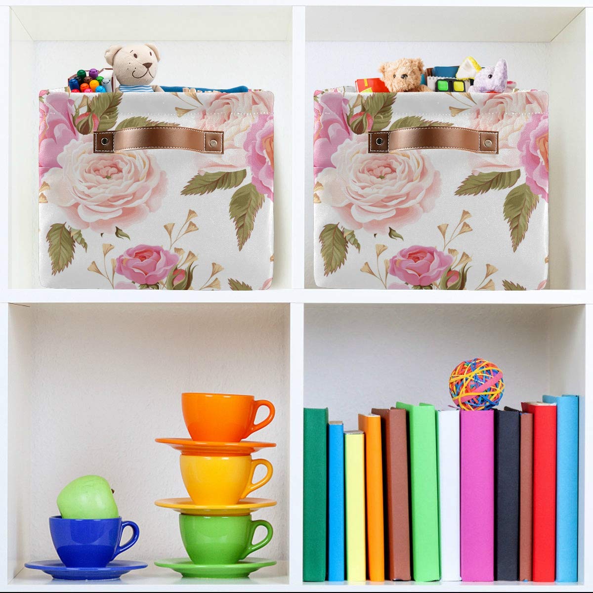 AGONA Large Foldable Storage Bin - Spring Pink Rose Floral Fabric Basket with Leather Handles | Collapsible Decorative Organizer for Closet, Bedroom, Nursery | Home Storage Solution for Toys, Blankets & Seasonal Items (1 Pack)