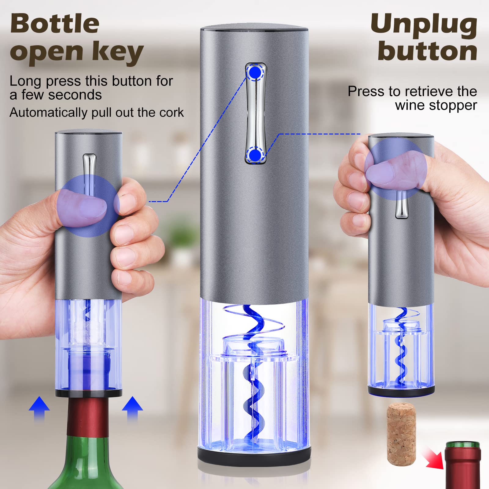 Anpro Electric Wine Opener Set - Rechargeable Corkscrew with Charging Base, Vacuum Pump, Wine Stopper & Pourer - Perfect Gift for Wine Lovers, Dinner Parties & Holiday Gifts (Grey)