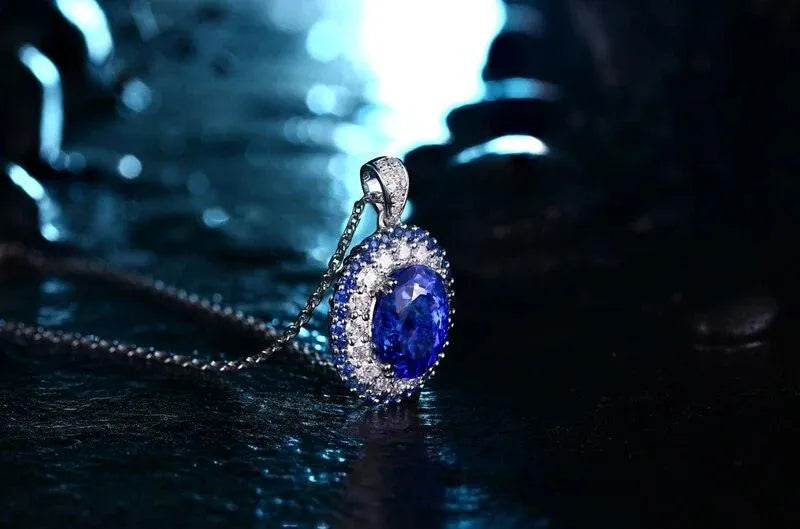 18K White Gold Oval Tanzanite & Diamond Pendant - 8x10mm 3.19ct Natural Tanzanite with Sapphire Accents - Perfect for Engagement, Anniversary & Special Occasion Gifts