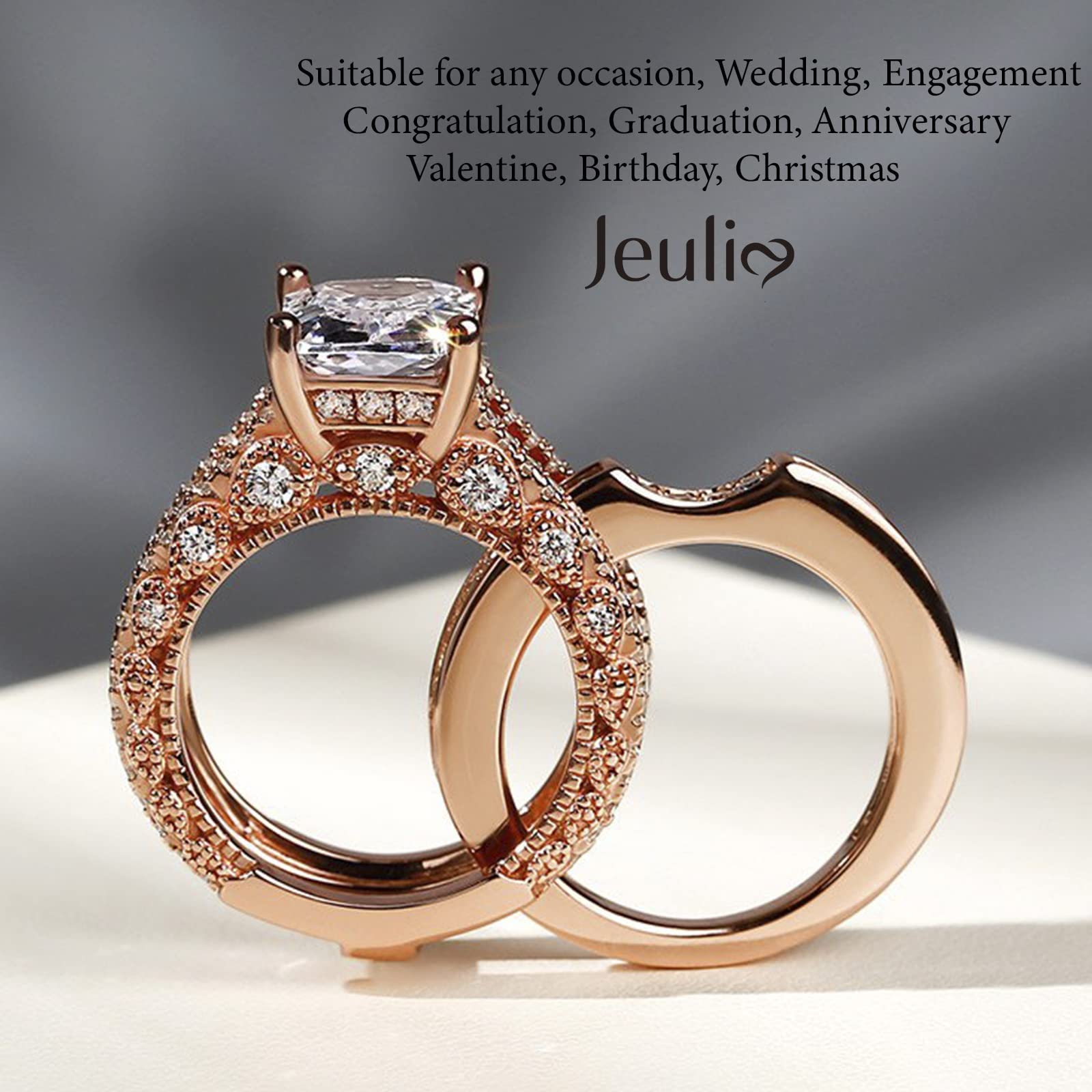Jeulia 3PC Radiant Cut CZ Diamond Engagement Ring Set - Wedding Promise Anniversary Rings with Side Stones, Romantic Jewelry Gift for Women - Perfect for Proposals, Anniversaries & Special Occasions