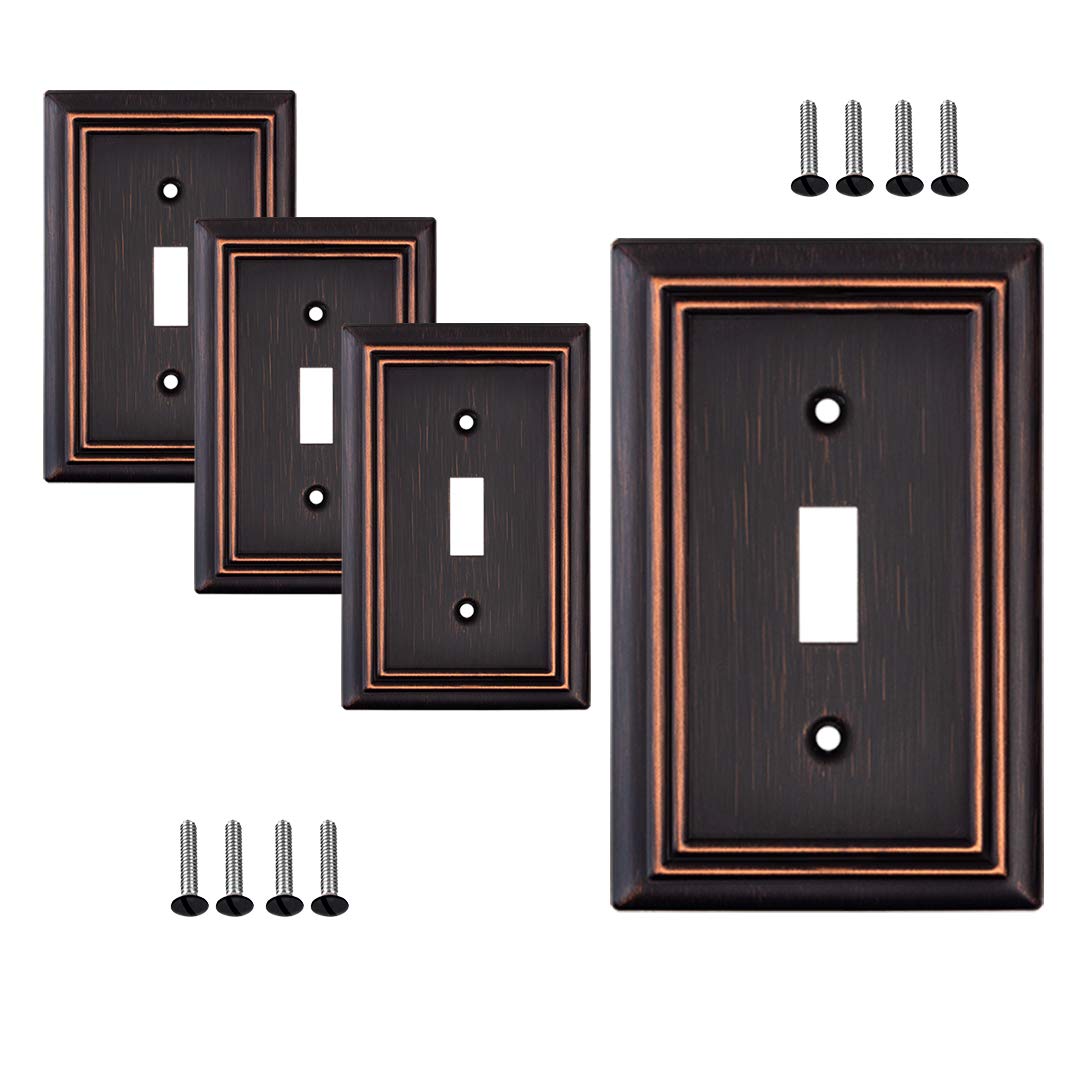 Oil Rubbed Bronze Outlet Covers and Switch Plates - Decorative Wall Plate Light Switch Cover Beveled Edge - 1 Gang Toggle Size (4 Pack) - Perfect for Living Room, Bedroom, Office and Kitchen Decor