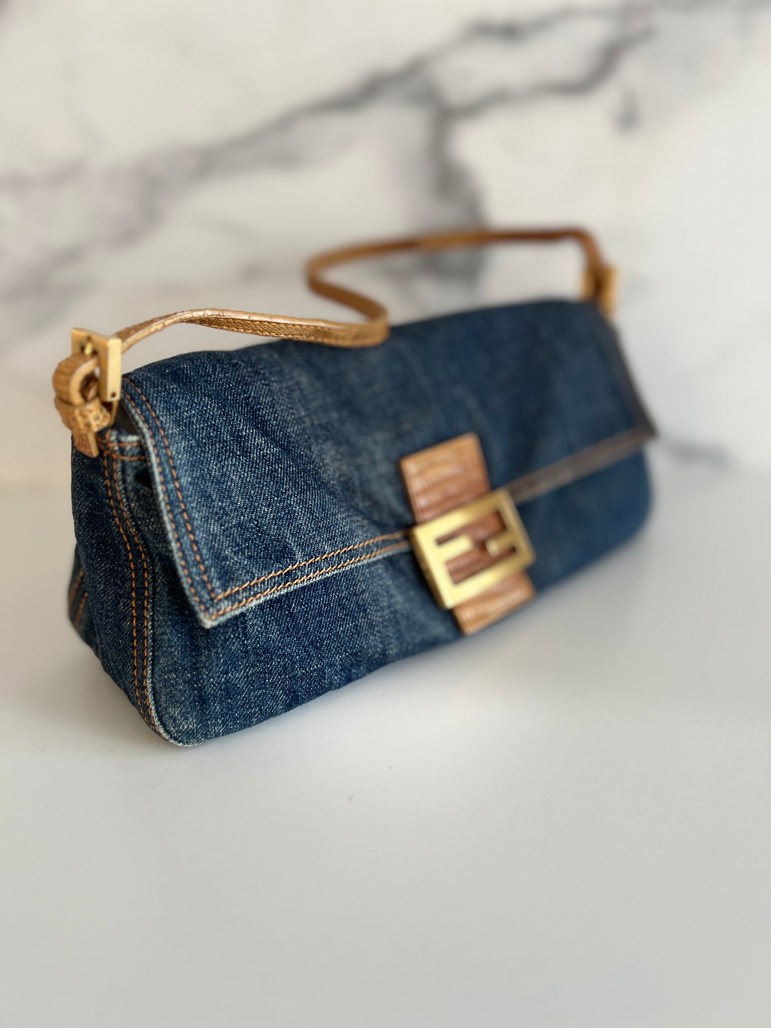 Vintage Fendi Lizard Skin Trimmed Denim Baguette Bag - Luxury Designer Crossbody Purse for Women, Perfect for Parties, Date Nights & Special Occasions