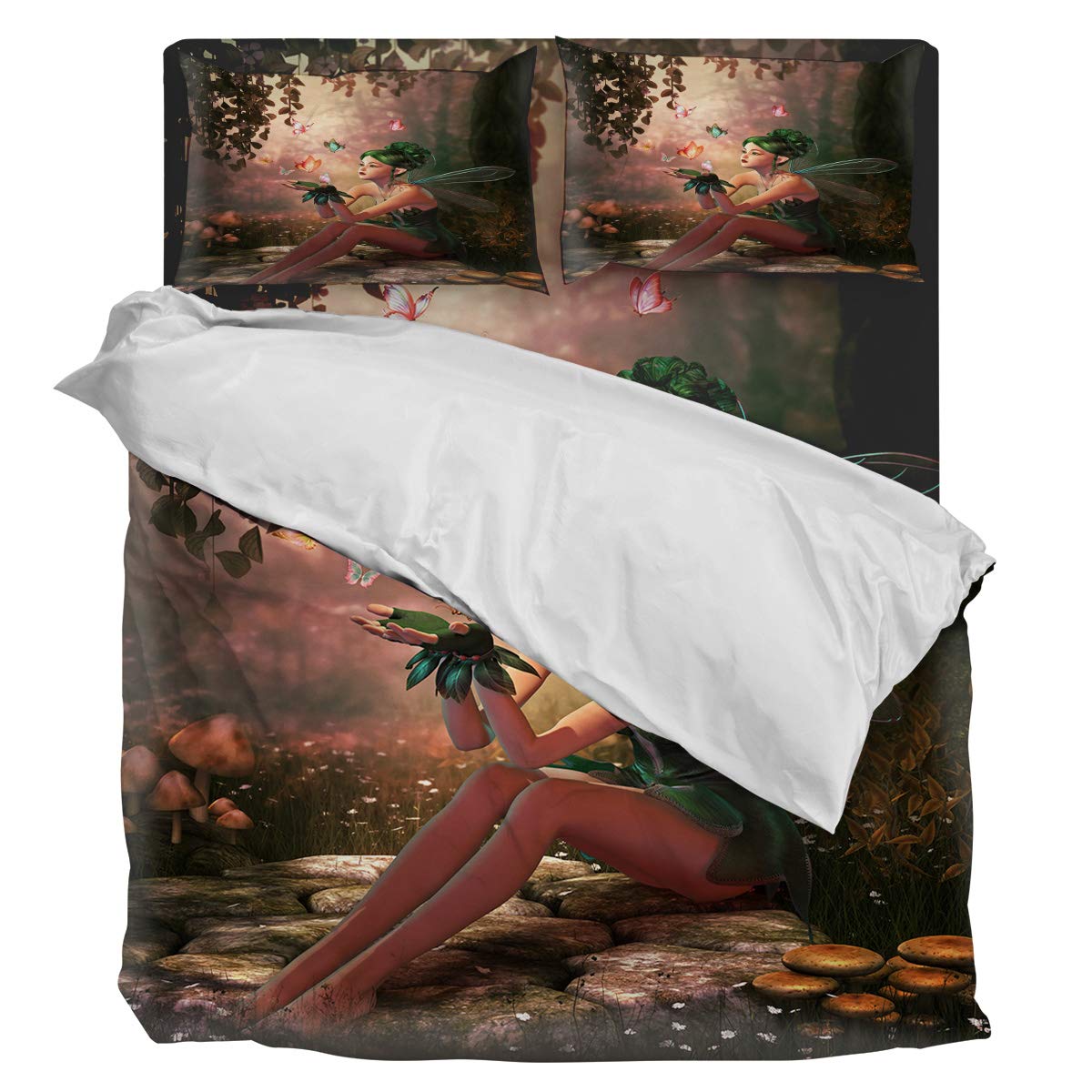 Luxury 4-Piece Twin Size Duvet Cover Set - Sunflower Fairy Girl with Wings in Wonderland Forest Design | Soft Bedding Collection (1 Duvet Cover + 1 Fitted Sheet + 2 Pillowcases) | Perfect for Kids' Rooms, Guest Bedrooms & Fantasy-Themed Decor