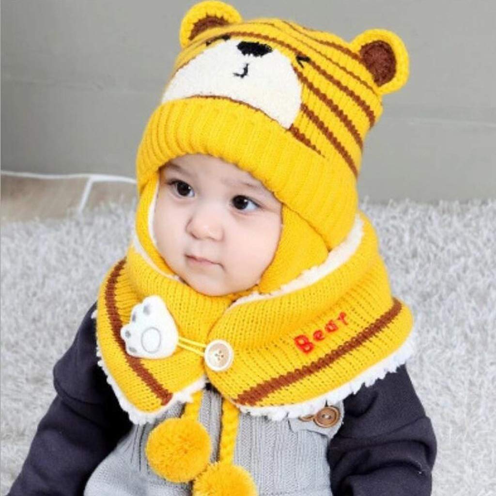 PDGJG Winter Baby Knit Bear Hat with Pom Pom & Scarf Set - Warm Cartoon Animal Earflap Beanie for 0-24 Months Boys Girls - Perfect for Snow Play, Christmas Photos & Outdoor Adventures (Color: Elephant Gray)