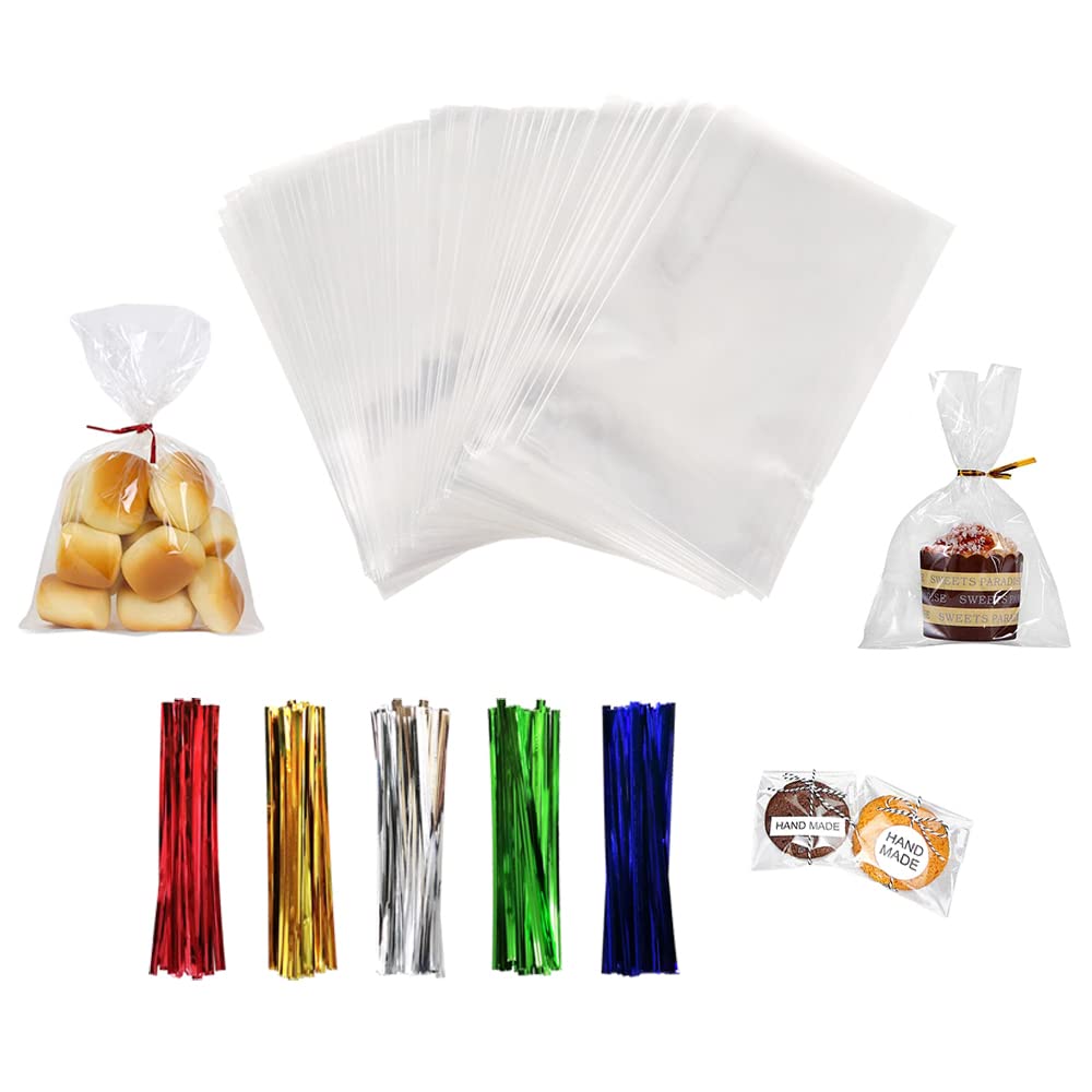 XLSFPY 100PCS Clear Cellophane Bags 5x7 Inches with Ties - Small Treat Bags for Cake Pops, Candy, Goodies & Rice Crispy Treats - Perfect for Birthday Party Favors, Baby Showers & Wedding Decorations