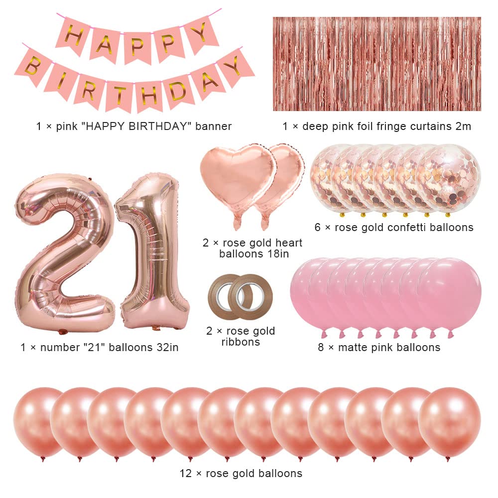 21st Birthday Party Decorations for Women - Rose Gold Balloons, Happy Birthday Banner, Backdrop & Confetti Balloons Set | Perfect for 21st Birthday Celebrations, Bachelorette Parties & Photo Backdrops