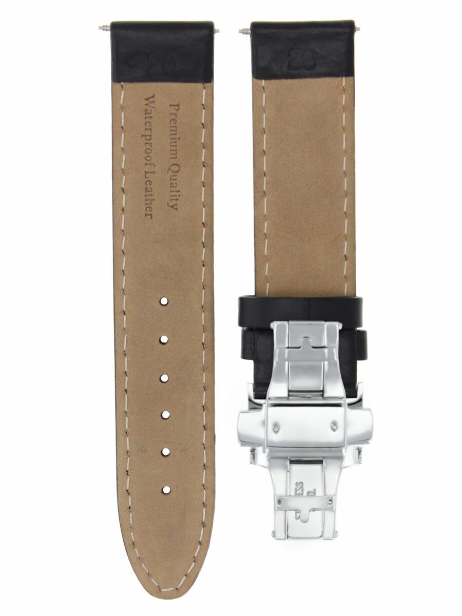 20mm Smooth Leather Deployment Watch Band Strap - Compatible with Audemars Piguet Watches - Black - Premium Replacement Strap for Luxury Watches - Perfect for Business, Formal & Everyday Wear