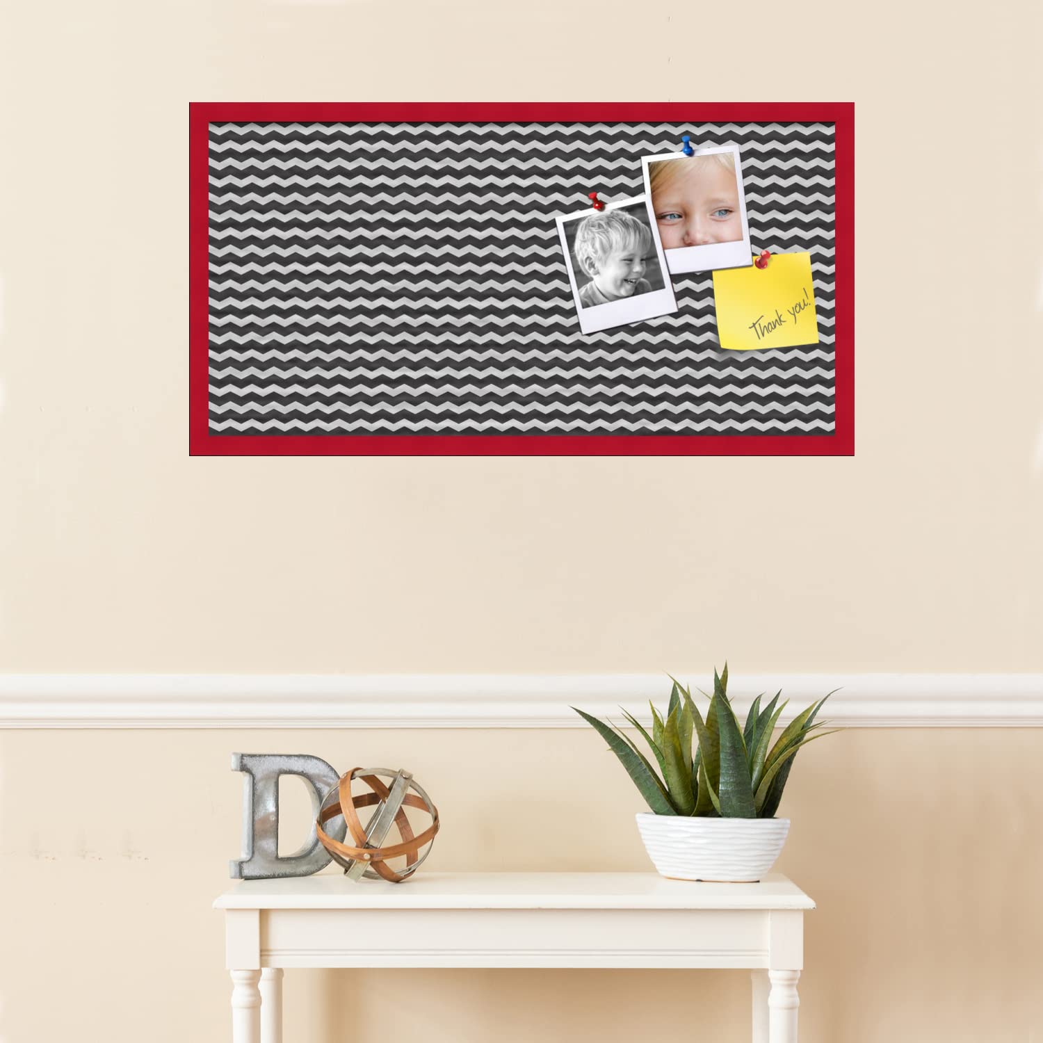 PinPix 36x18 Inch Cork Bulletin Board with Black & White Chevron Design - Red Stained Beech Frame - Perfect for Home Office Decor, Message Board & Wall Organization (PinPix-118) | Great for Notes, Photos, Reminders & Office Organization