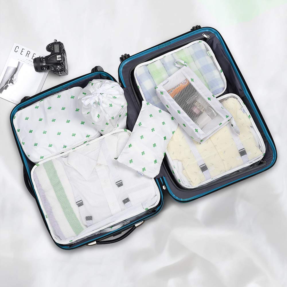 7-Piece Travel Packing Cubes Set with Toiletry Bag - White Cactus Design | Space-Saving Luggage Organizers for Suitcases, Backpacks & Carry-Ons | Perfect for Business Trips, Vacations & Weekend Getaways