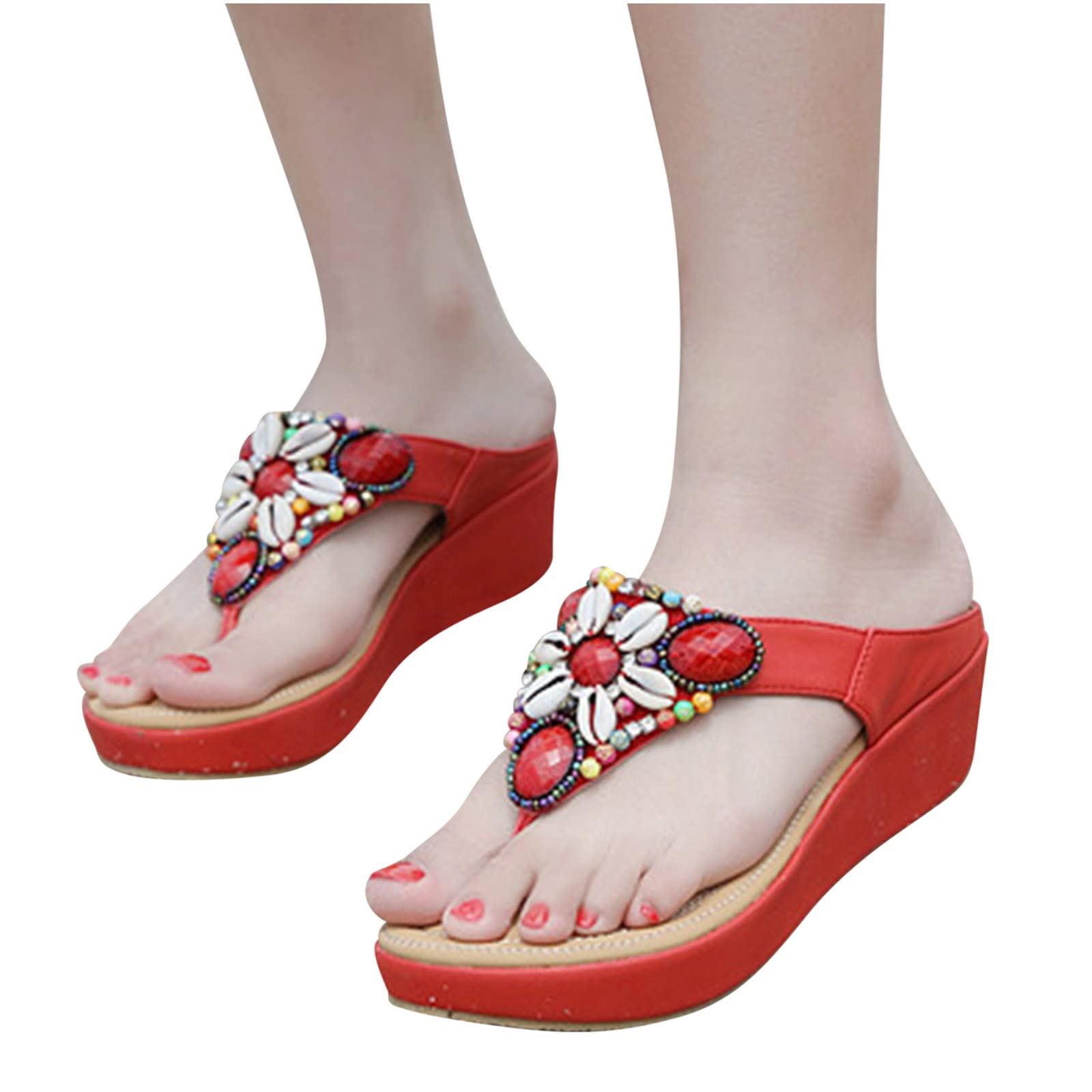 Women's Comfortable Wedge Flip Flop Sandals - Summer Casual Beaded Shell Thong Slides with Chunky Platform - Perfect for Beach, Poolside & Outdoor Activities
