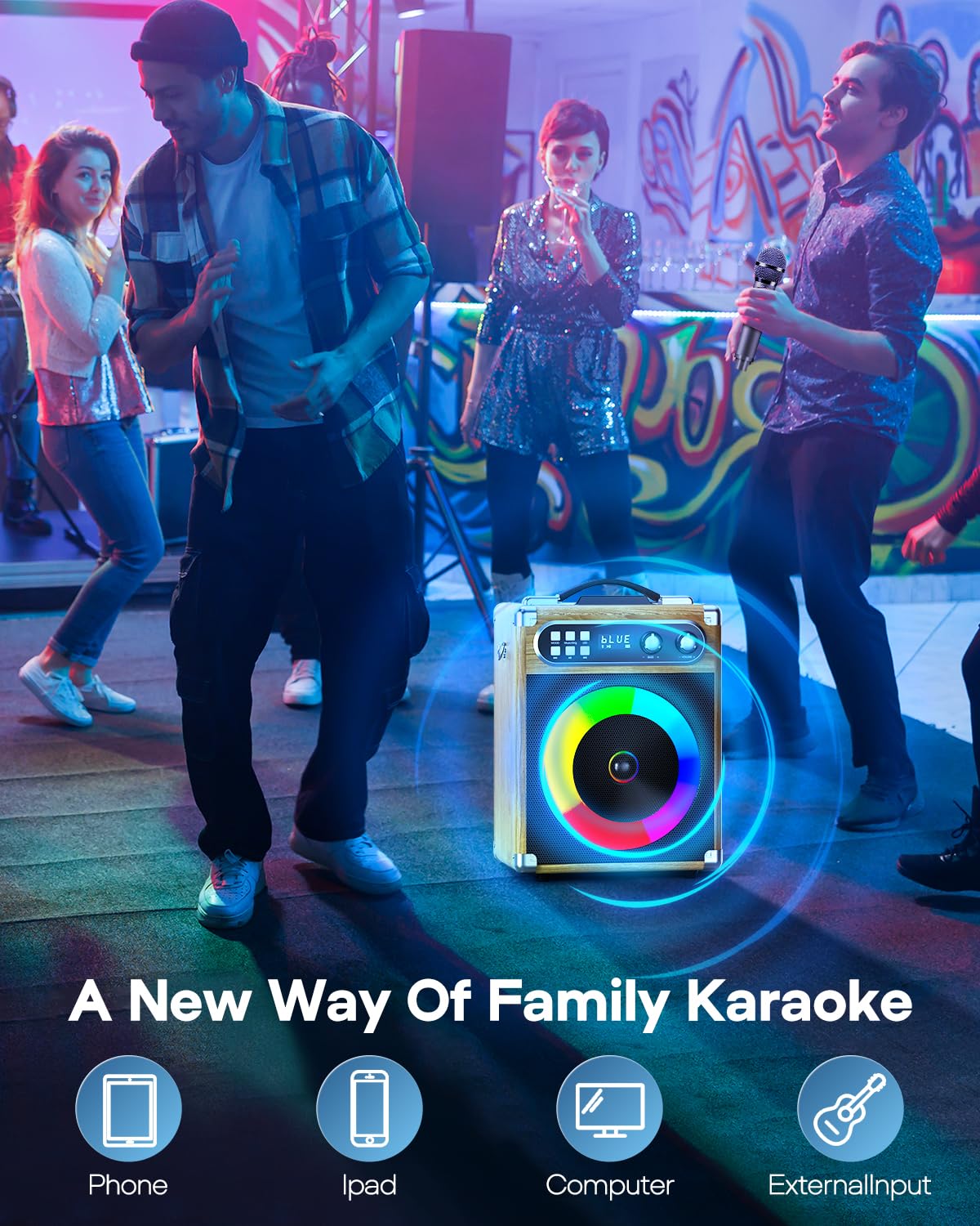 Portable Bluetooth Karaoke Machine with 2 Wireless Microphones - PA System with Bass/Echo Control, LED Lights, TF Card/USB/Aux Input for Home Parties, Indoor/Outdoor Gatherings & Birthday Celebrations (Wood-NT002)