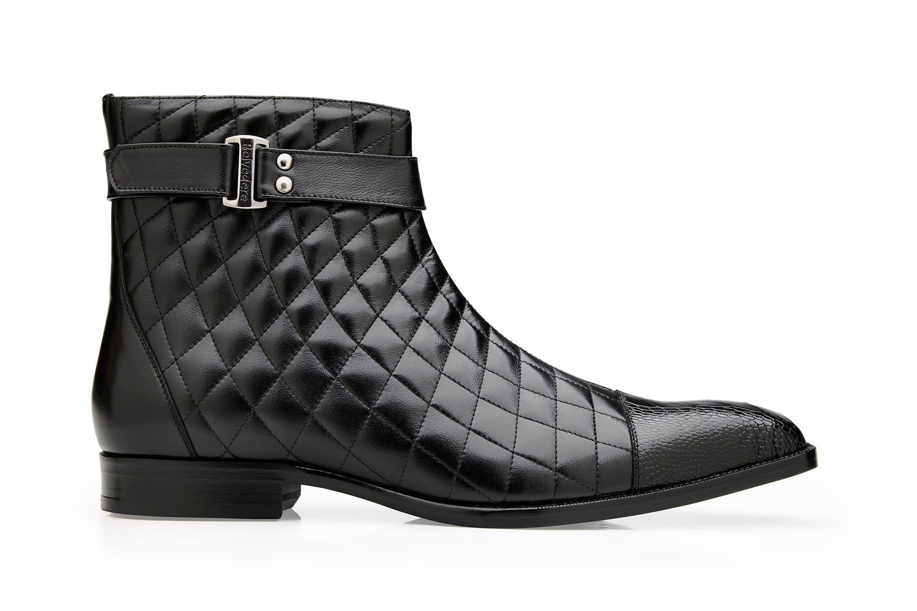 Belvedere Libero Genuine Ostrich Leg & Quilted Leather Boots for Men - Black R80 - Premium Cowboy Boots for Western Riding, Country Fashion & Night Out