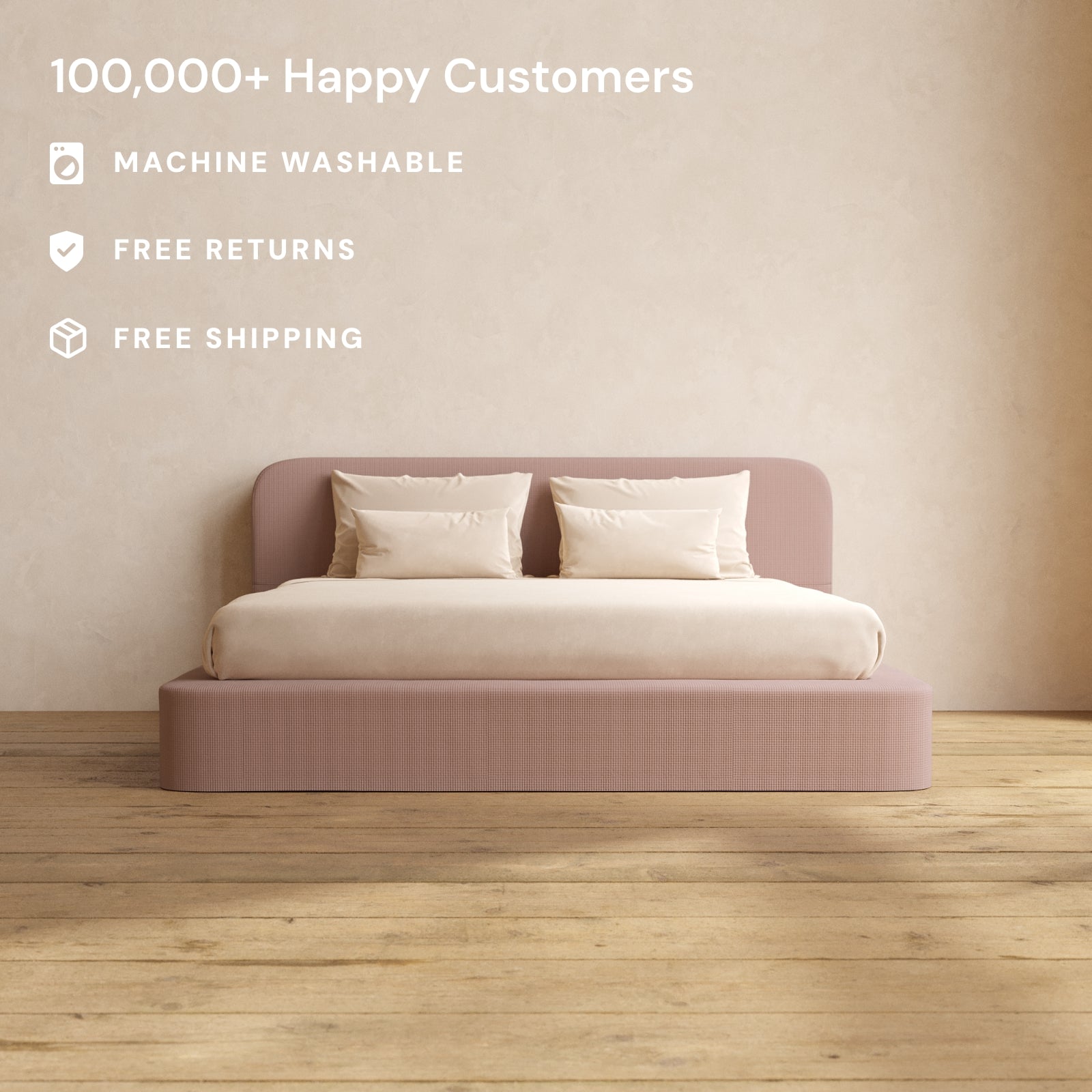 King Upholstered Platform Bed with Headboard - Modern Mizu Weave Design in Sakura Pink | Queen Size Bed Frame for Master Bedroom & Guest Room | Elegant Upholstered Bed for Home Decor