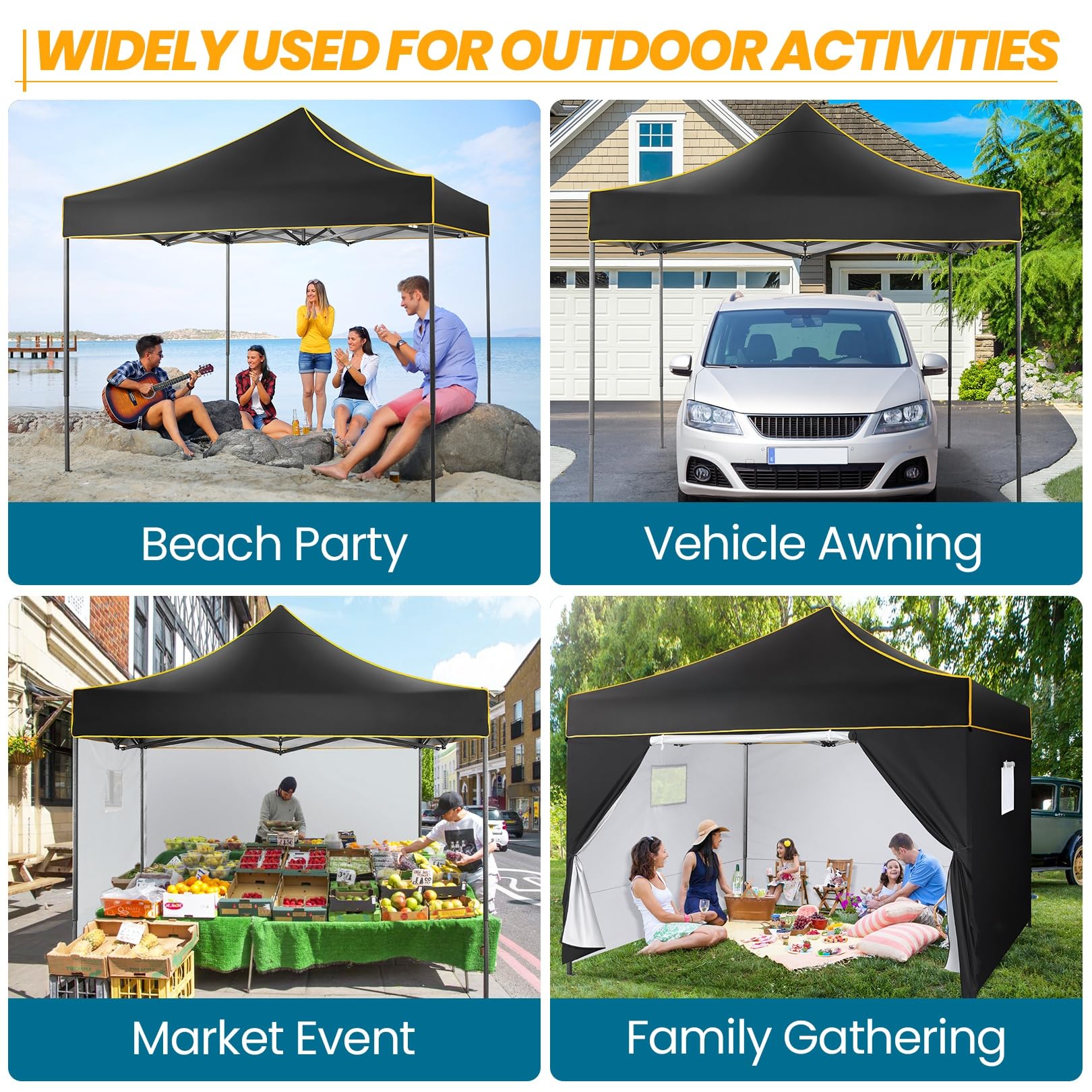COBIZI 10x10 Heavy Duty Commercial Pop Up Canopy Tent with 4 Waterproof Sidewalls - UV 50+ Protection, Instant Setup for Outdoor Events, Parties, Camping & Backyard Use - Portable Vendor Shelter (Black)