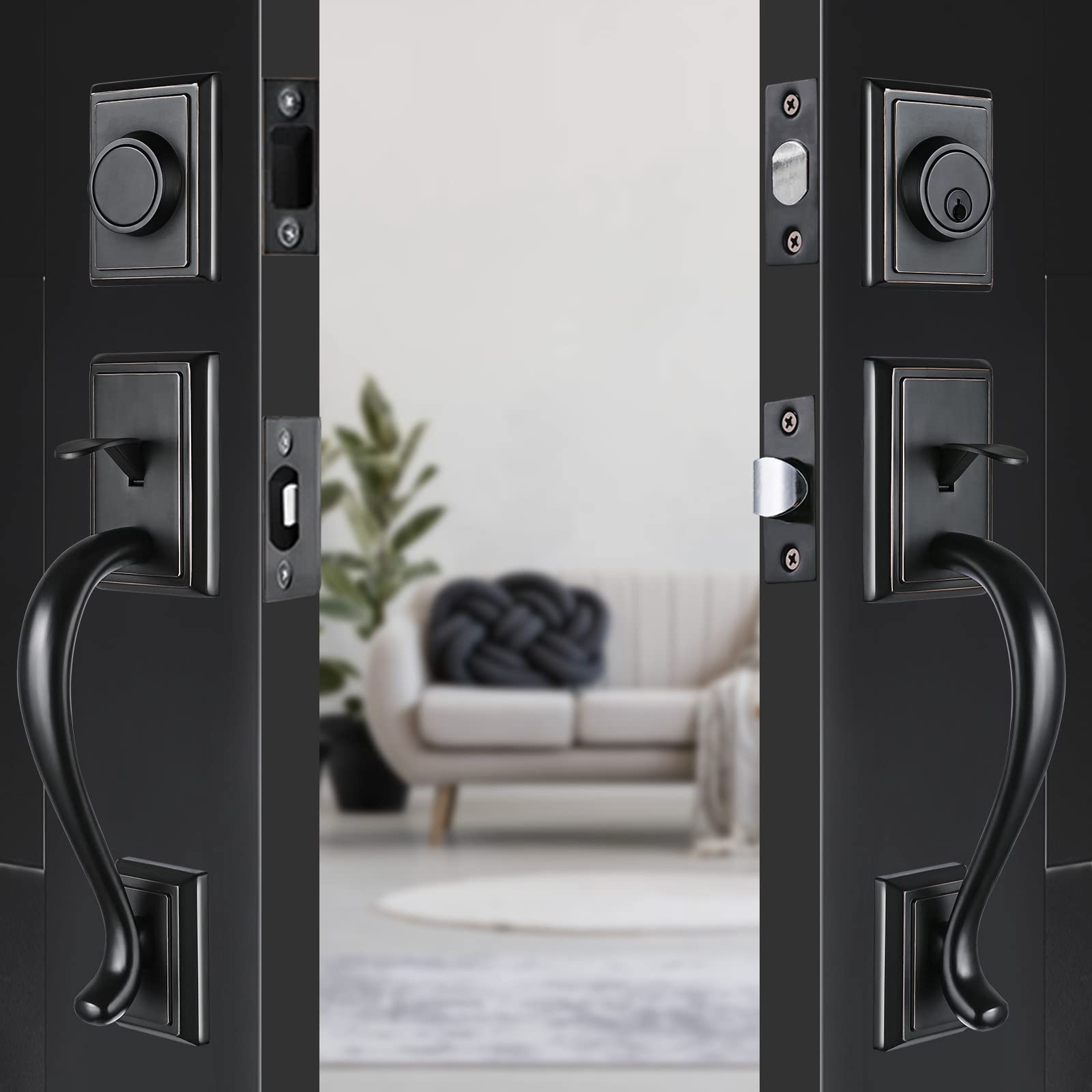 HISAFE Black Front Door Handle Set with Deadbolt & Lever - Solid Exterior Double Door Lock in Oil Rubbed Bronze Finish (X-2013SET) - Perfect for Home Security & Entry Doors