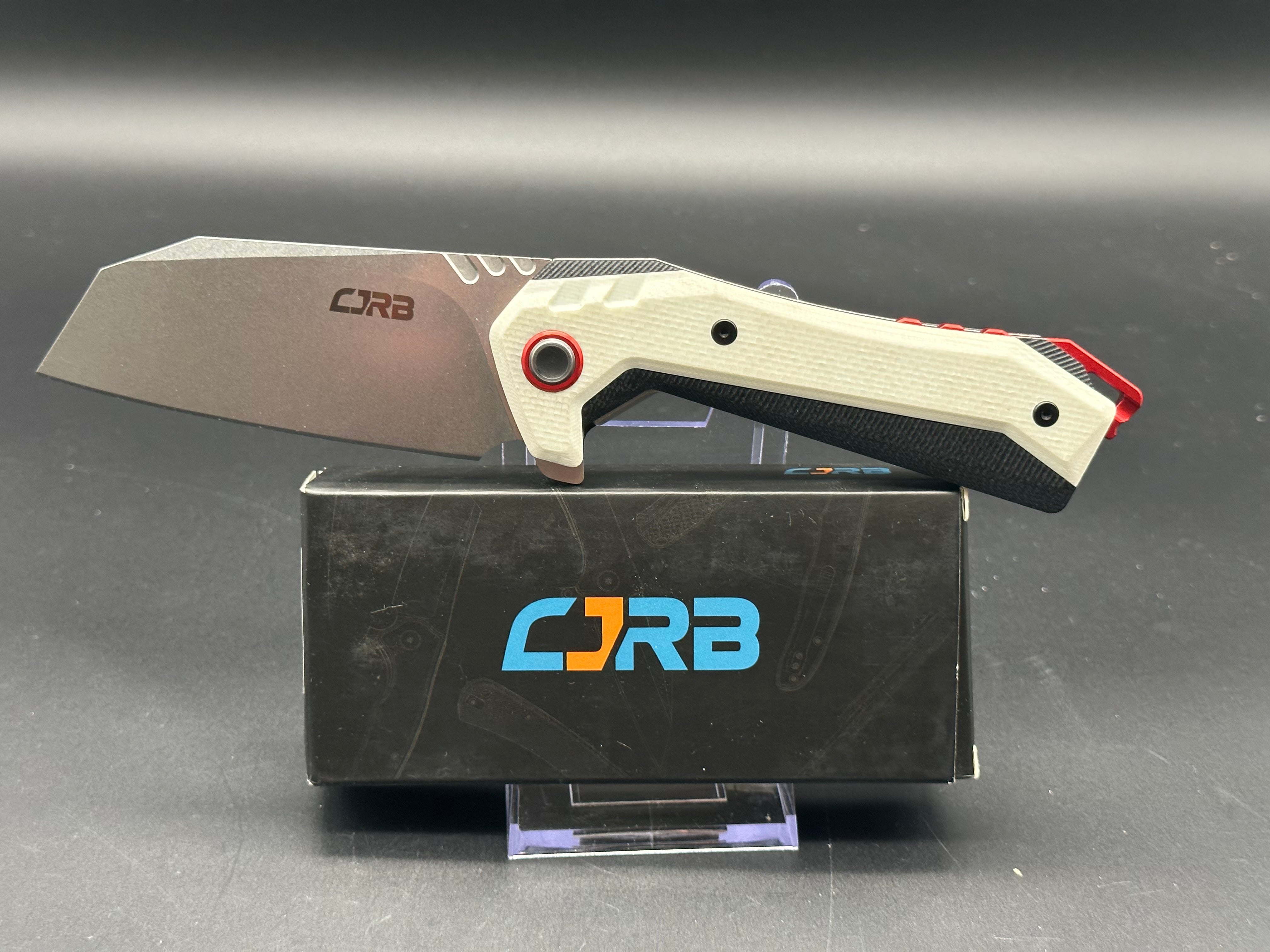 CJRB Tigris Folding Knife - White/Black G10 Handle, AR-RPM9 Cleaver Blade, Plain Edge Stonewash Finish (Model J1919WH) | EDC, Outdoor Survival, Camping & Everyday Carry Knife