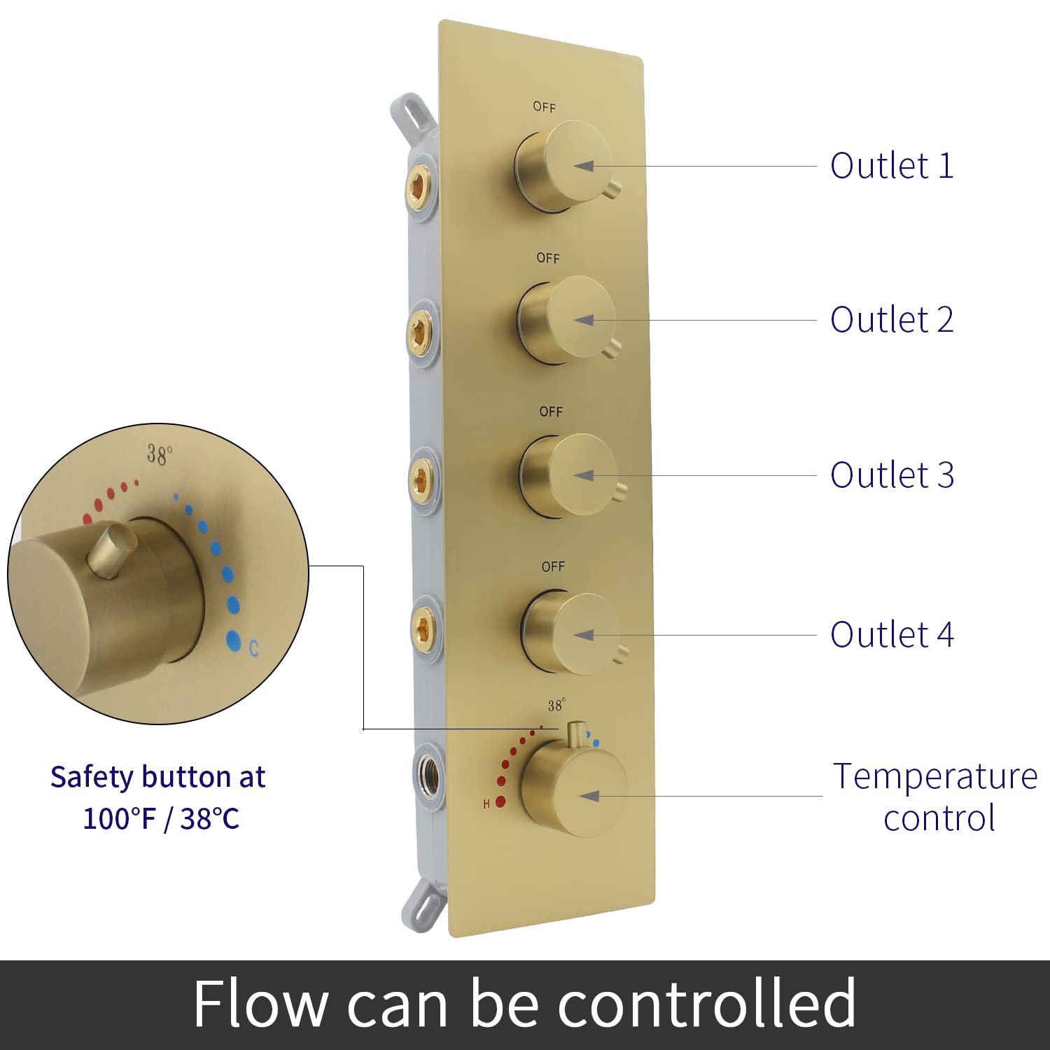 4-Way Thermostatic Shower Valve - Concealed 4-Outlet Shower Diverter Mixing Valve with Flow Control - Brushed Gold Finish - Perfect for Modern Bathroom Shower Systems (Can Run Multiple Outlets Simultaneously) - Ideal for Spa-Like Showers, Rainfall Showers & Multi-Head Bathroom Setups