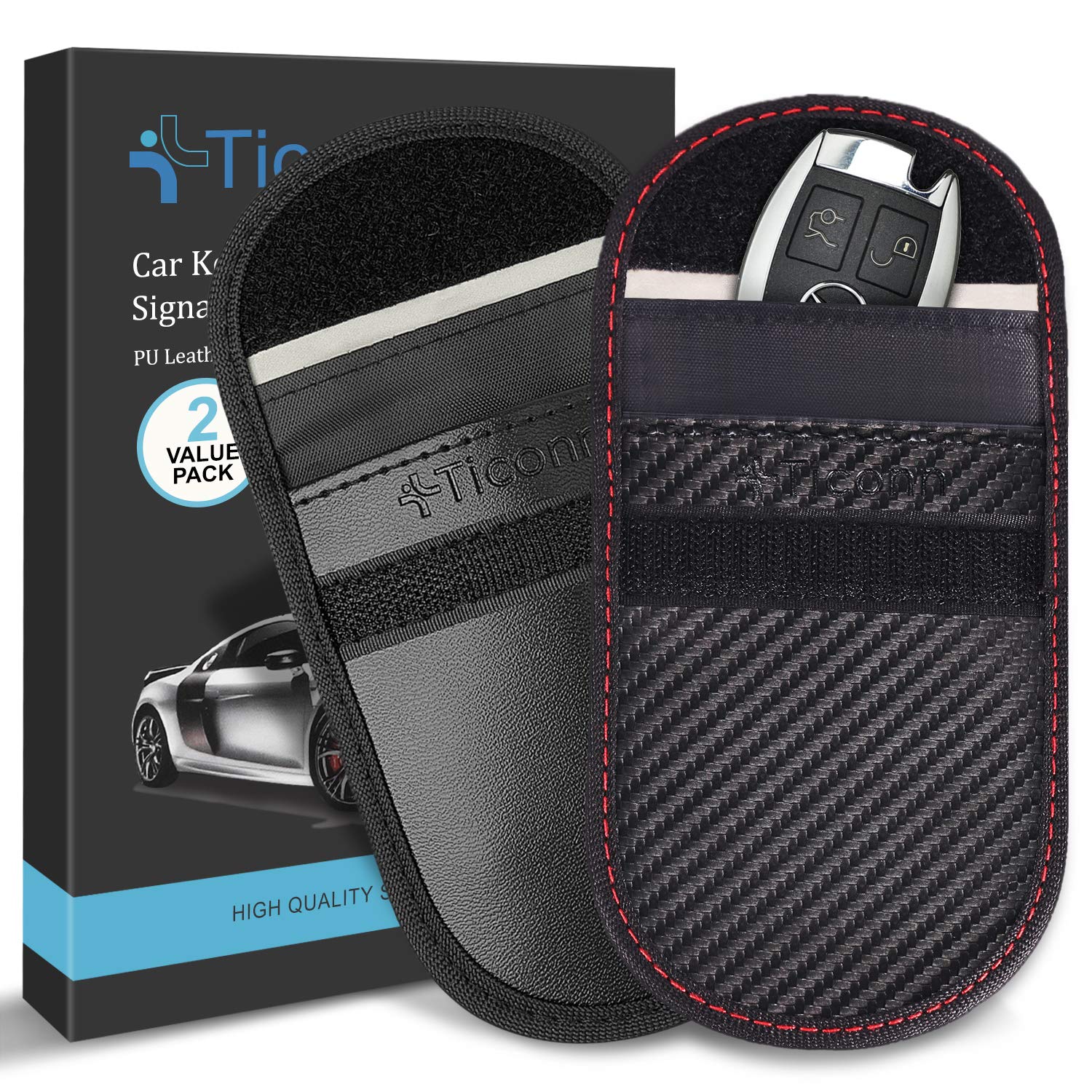 TICONN Faraday Bag for Key Fob (2 Pack) - RFID Signal Blocking Pouch, Anti-Theft Car Key Protector, Carbon Fiber/PU Anti-Hacking Case | Prevent Keyless Car Theft & Protect Credit Cards from Scanning