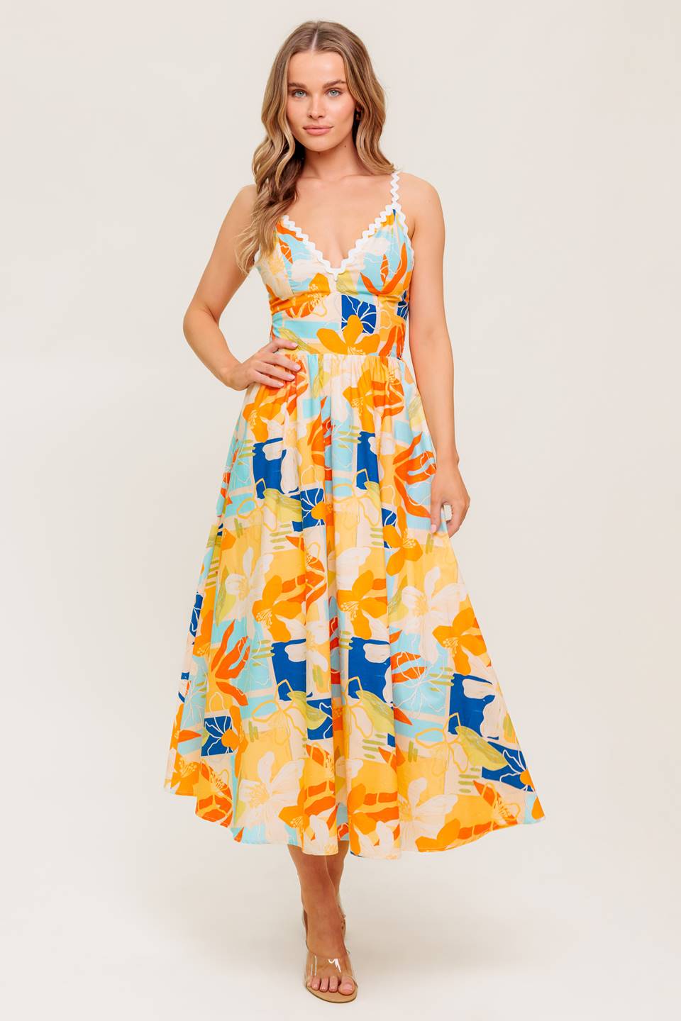 MERRITT MIDI DRESS - Floral Print Orange & Blue Summer Dress for Women | Perfect for Beach Vacations, Date Nights & Casual Outings