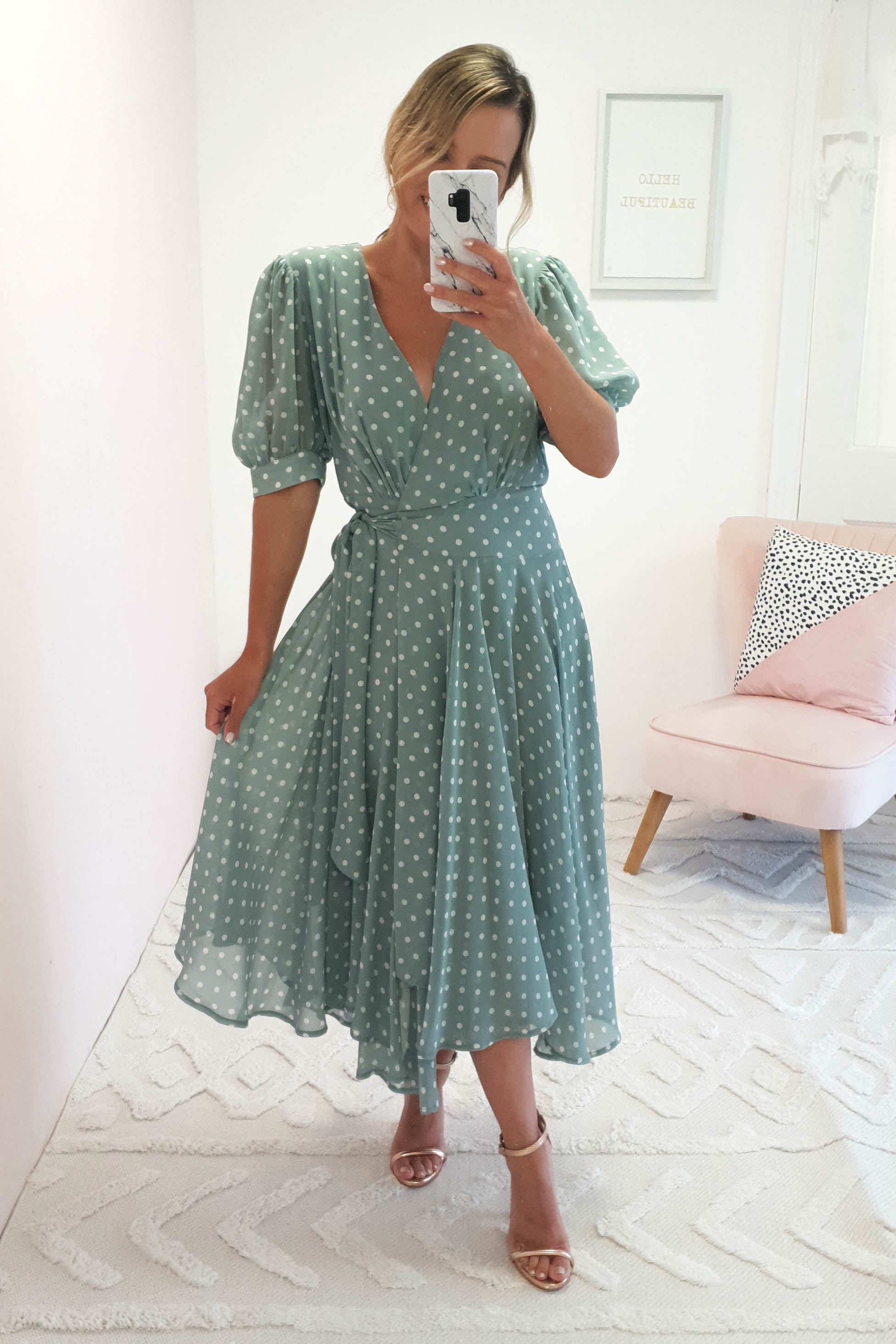 Andrea Polka Dot Midi Dress - Flowy Sage Green Summer Dress for Women | Perfect for Beach Vacations, Date Nights & Brunch Outings